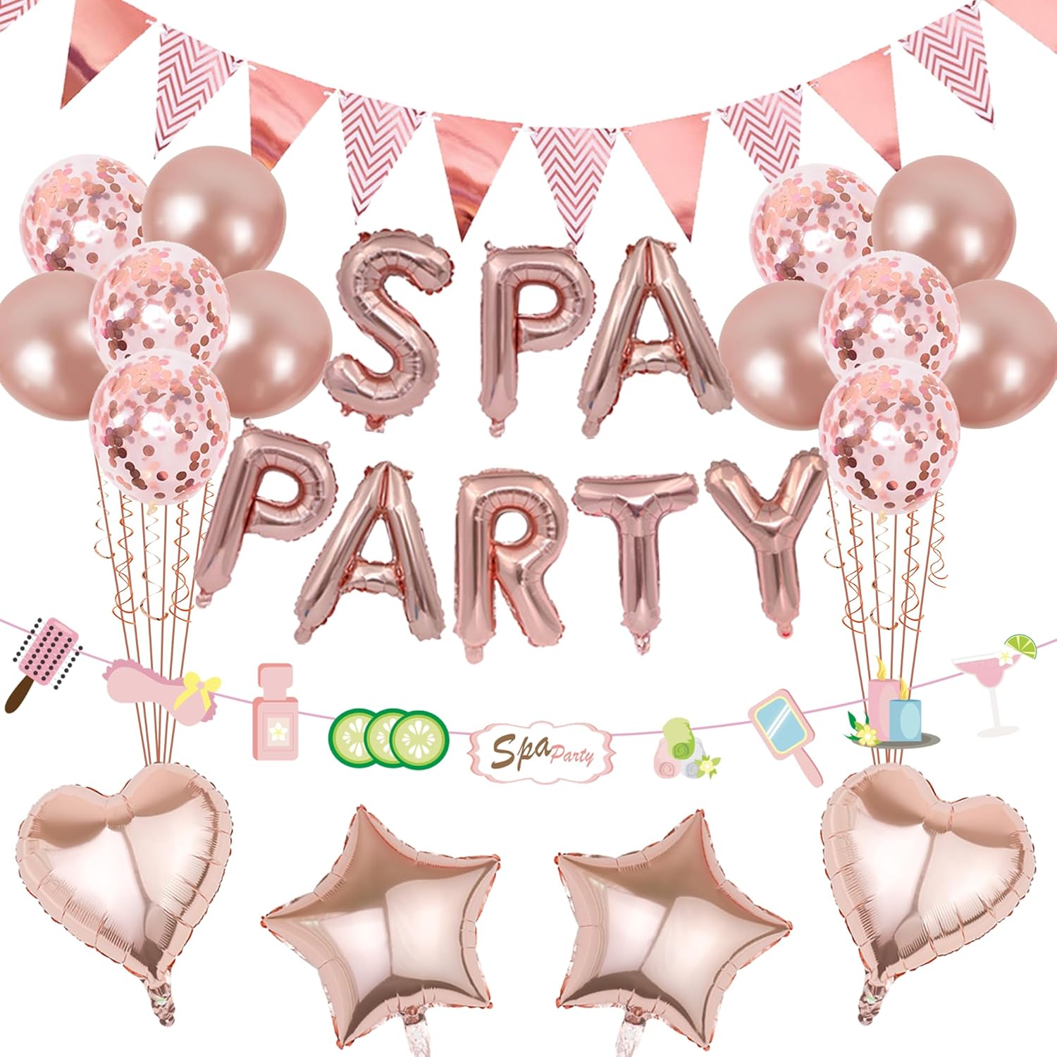 Spa Party Supplies for Girls - Rose Gold Spa Party Balloon Banner Garland and Triangle Bunting Flags, Girls Night Birthday Pamper Party Makeup Party Decoration
