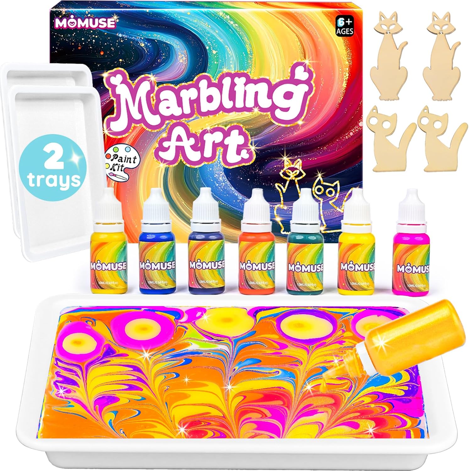MOMUSE Marbling Paint Art Kit for Kids with Dual Trays, Passed Toxicology, Metallic Gold Water Marble Painting Kit, Creative Art Craft Kits Ideal Toys Gifts for Girls & Boys Ages 6+