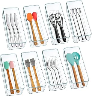 Hudgan 8 Pack Clear Plastic Drawer Organizer Bins Set, Stackable Cutlery Storage Bins Trays for Organizing Kitchen Supplies, Bathroom Supplies, Office Supplies, Crafts, Gadgets, Cabinet Supplies