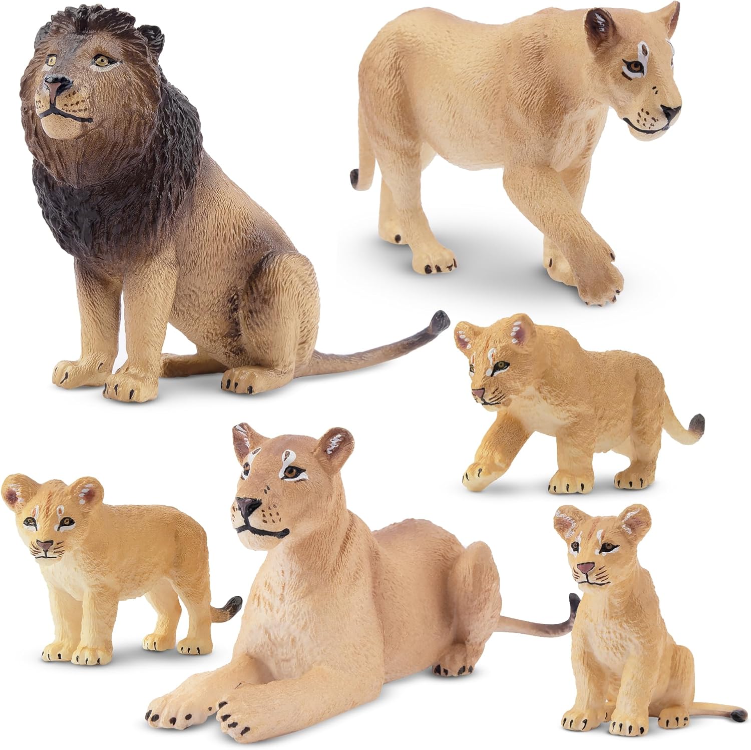Toymany 6PCS Realistic Lion Figurines with Lion Cubs, 2-5" Jungle Animals Figures Family Set Includes Baby Lions, Educational Toy Cake Toppers Christmas Birthday Gift for Kids Toddlers