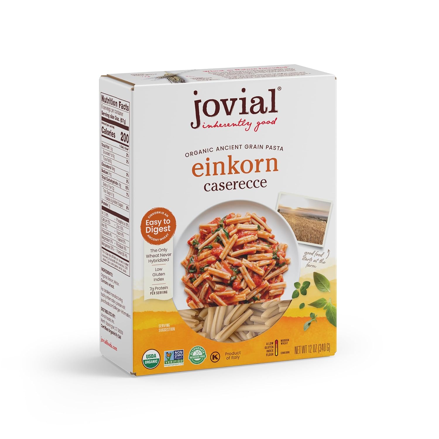Jovial Einkorn Organic Caserecce Pasta - Casarecce Pasta Noodles, Organic Pasta from Italy, Short Cut Pasta, Artisan Pasta, Short Pasta - 12 Ounce