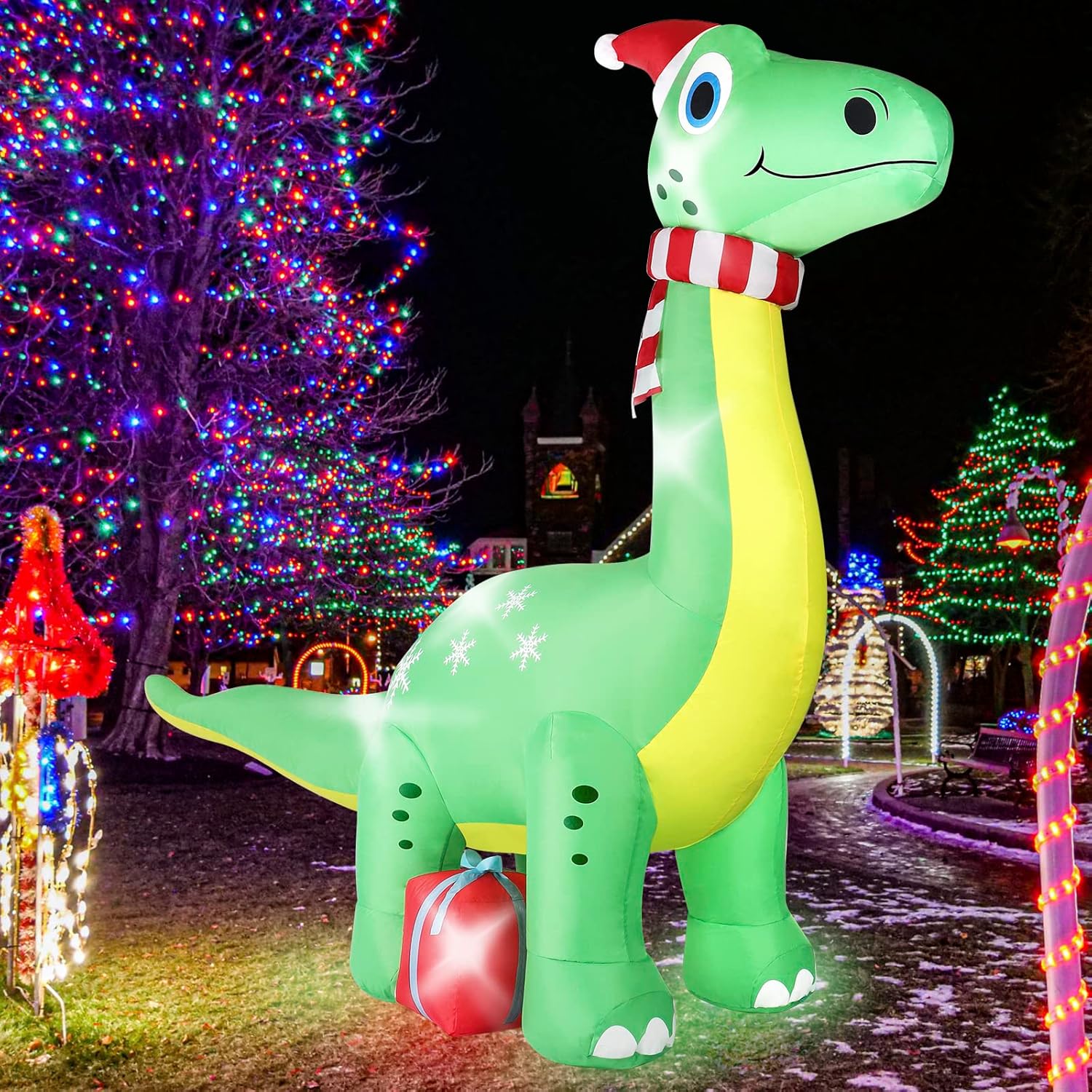 6FT Brachiosaurus Dinosaur Christmas Inflatables Outdoor Decorations, Light Up Inflatable Christmas Blow Up Yard Decorations with Gift Box, Xmas Holiday Decorations for Yard Lawn Garden Patio