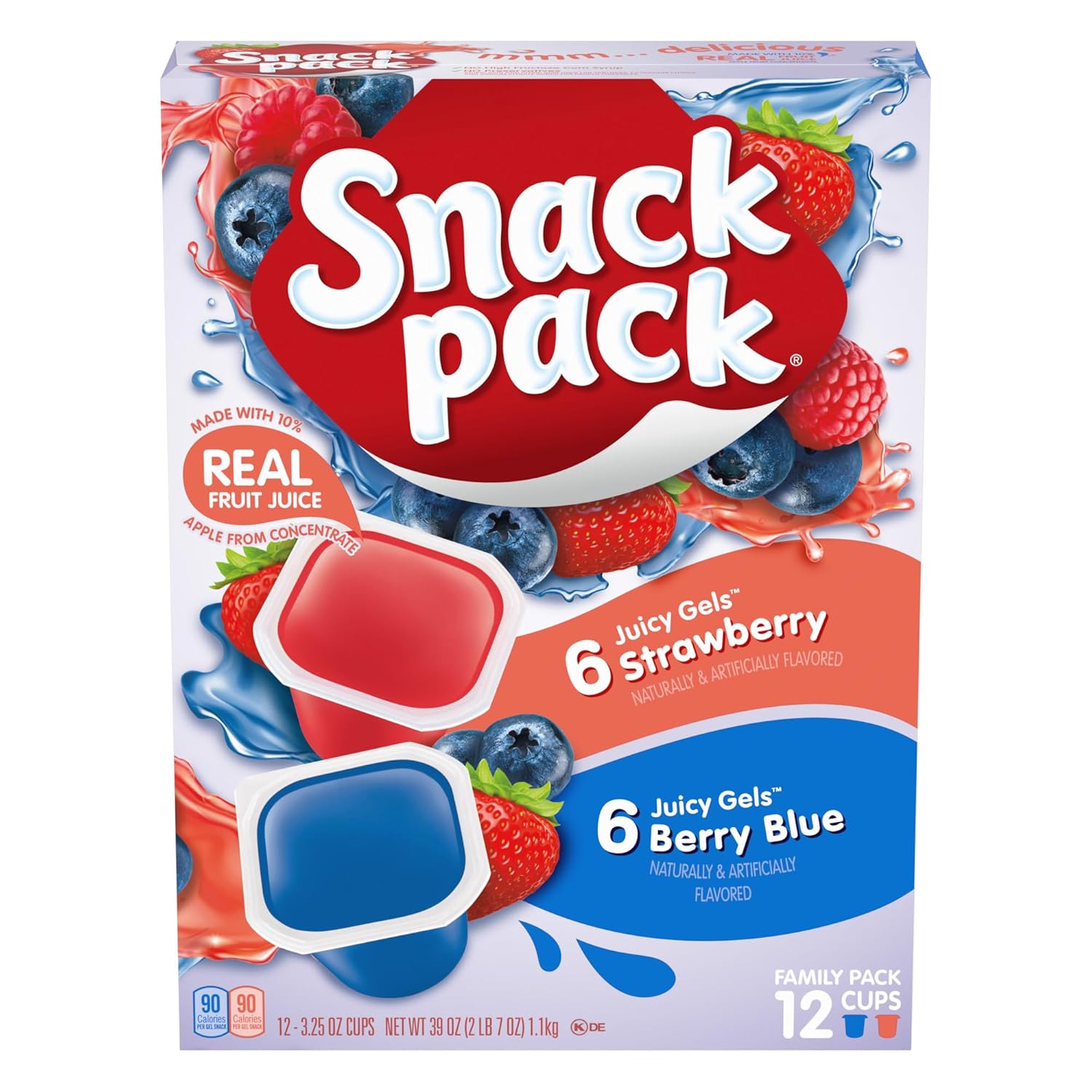 Snack Pack Strawberry & Berry Blue Flavored Juicy Gels, Lunchbox Snack, 12 Count Snack Cups