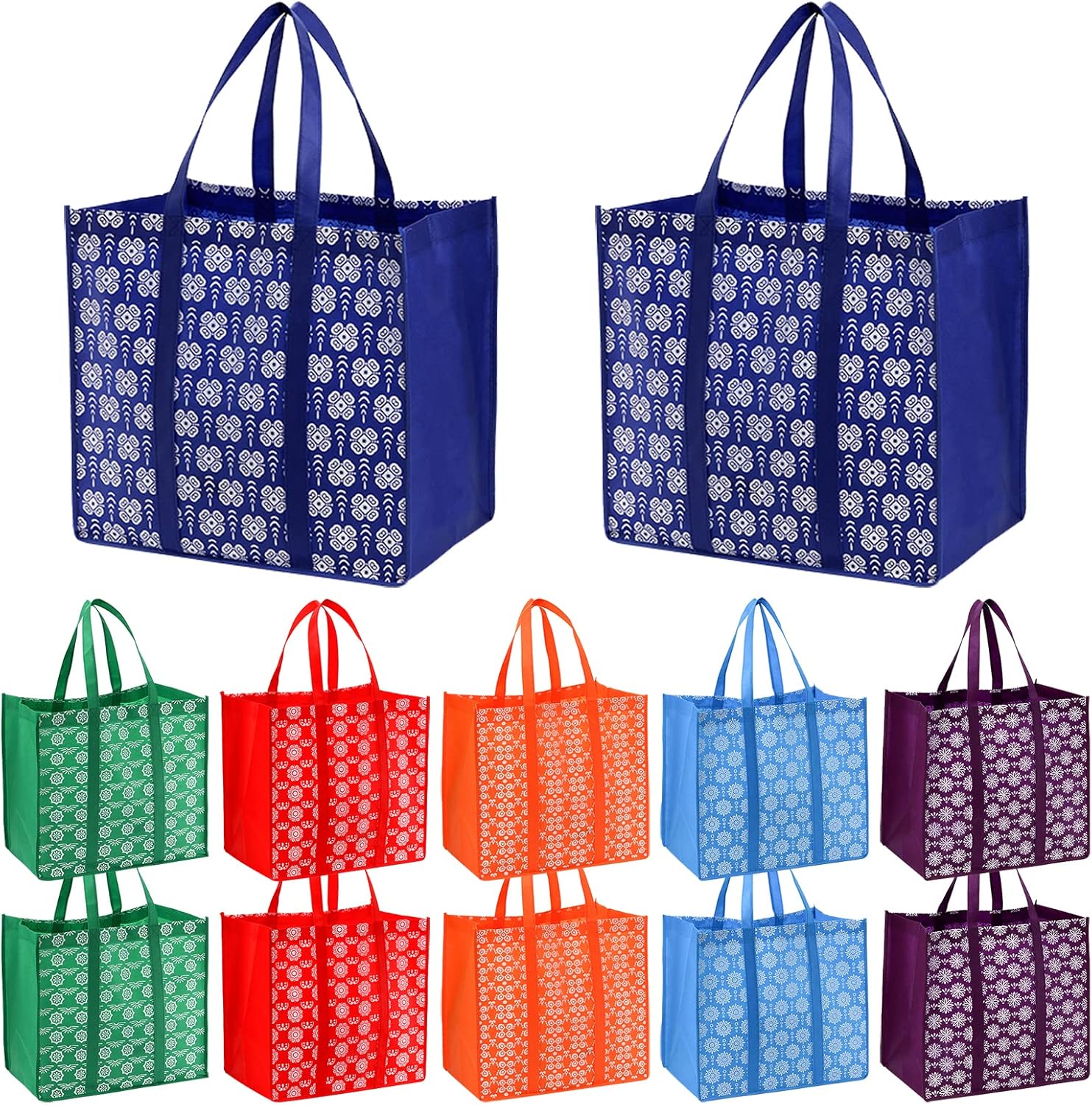 Frcctre 12 Pack Reusable Grocery Bags, Large Foldable Shopping Tote Bags with Long Handles Heavy Duty Reusable Bags for Shopping Groceries Clothes - 6 Assorted Colors