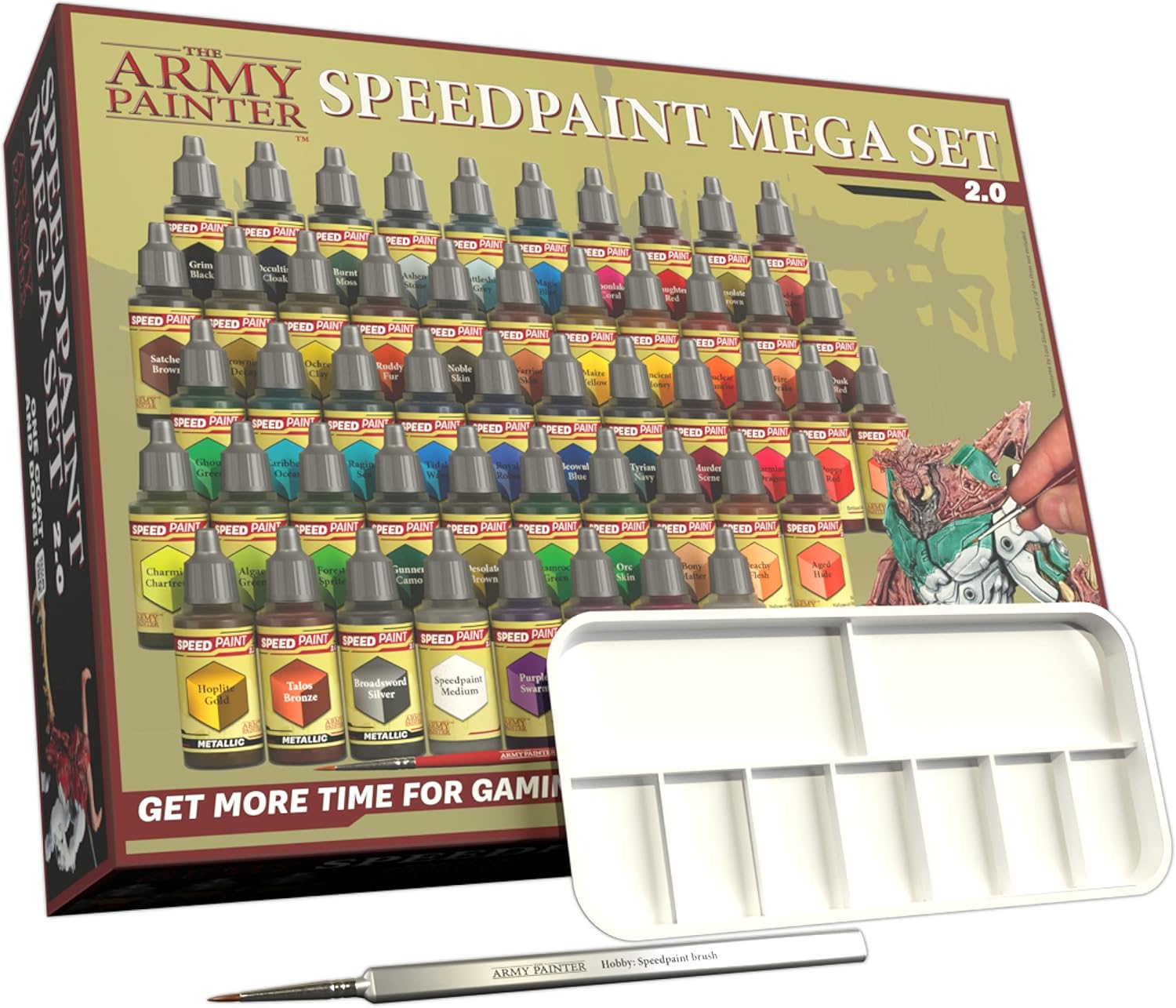 The Army Painter Speedpaint 2.0 Mega Set Combo, 50 Dropper Bottles of Non Toxic Acrylic Contrast Paint 18ml for Wargaming, Incl. 1 Paint Palette and 2 Army Painter Brushes