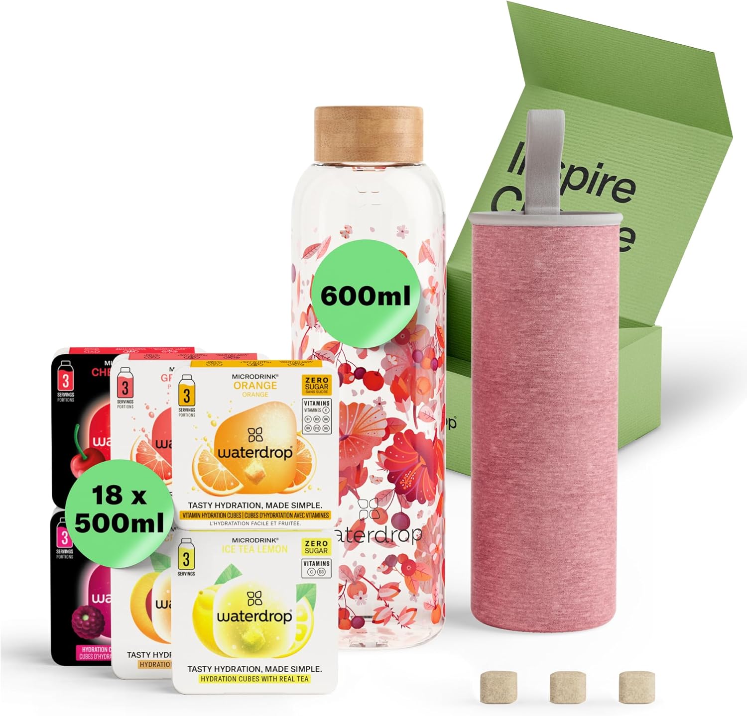 waterdrop® Glass Starter Set – 600ml Borosilicate Glass Bottle + 18 Sugar-Free Microdrink Hydration Cubes in 6 Flavours, Vitamin C & B Infused, BPA Free Water Bottle, Gift Set