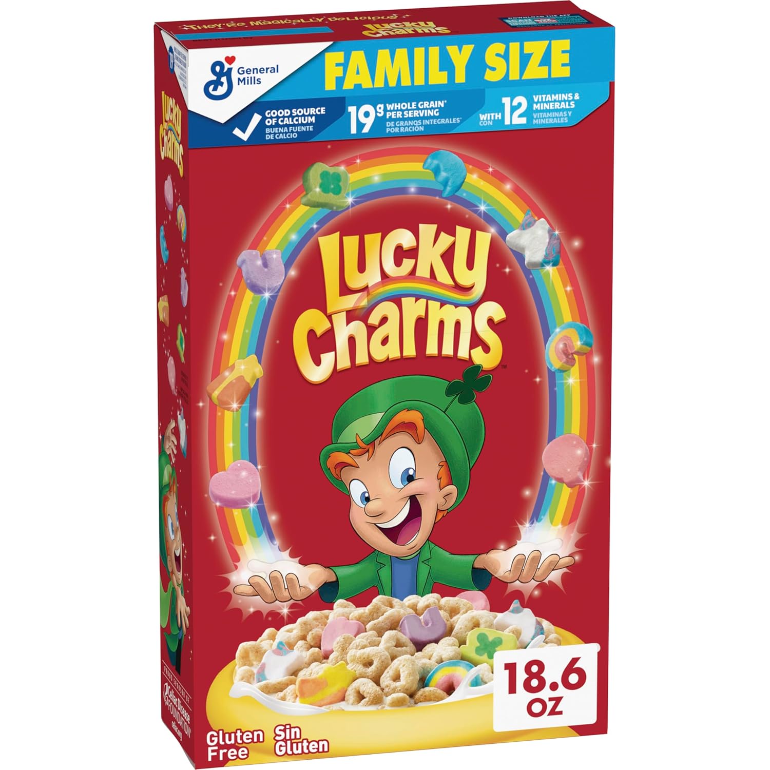 Lucky Charms Gluten Free Cereal with Marshmallows, Kids Breakfast Cereal, Made with Whole Grain, Family Size, 18.6 oz