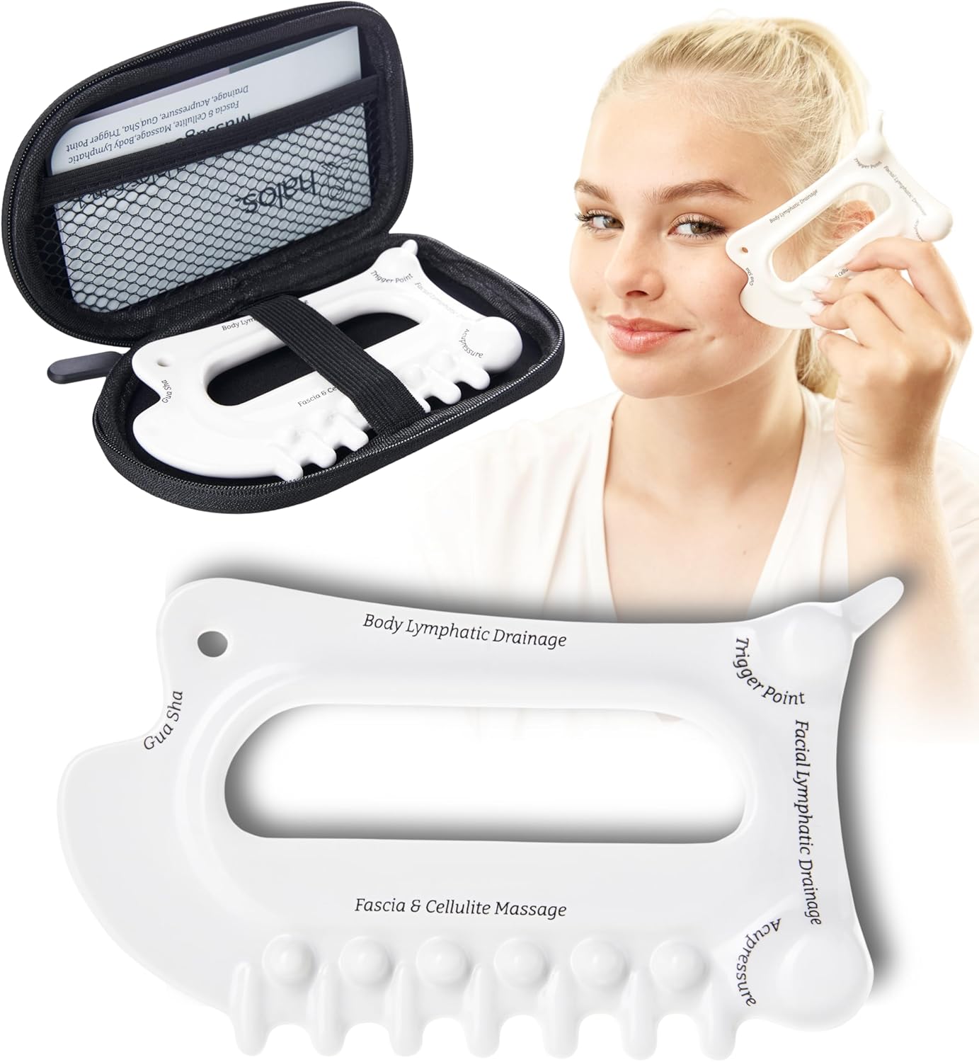 myhalos 6-in-1 Ceramic Body Gua Sha Facial Tools - Lymphatic Drainage Tool, Face Sculpting Tool & Acupressure Tool - Body Guasha, Trigger Point Massage Tool for Fascia Massage and Cellulite