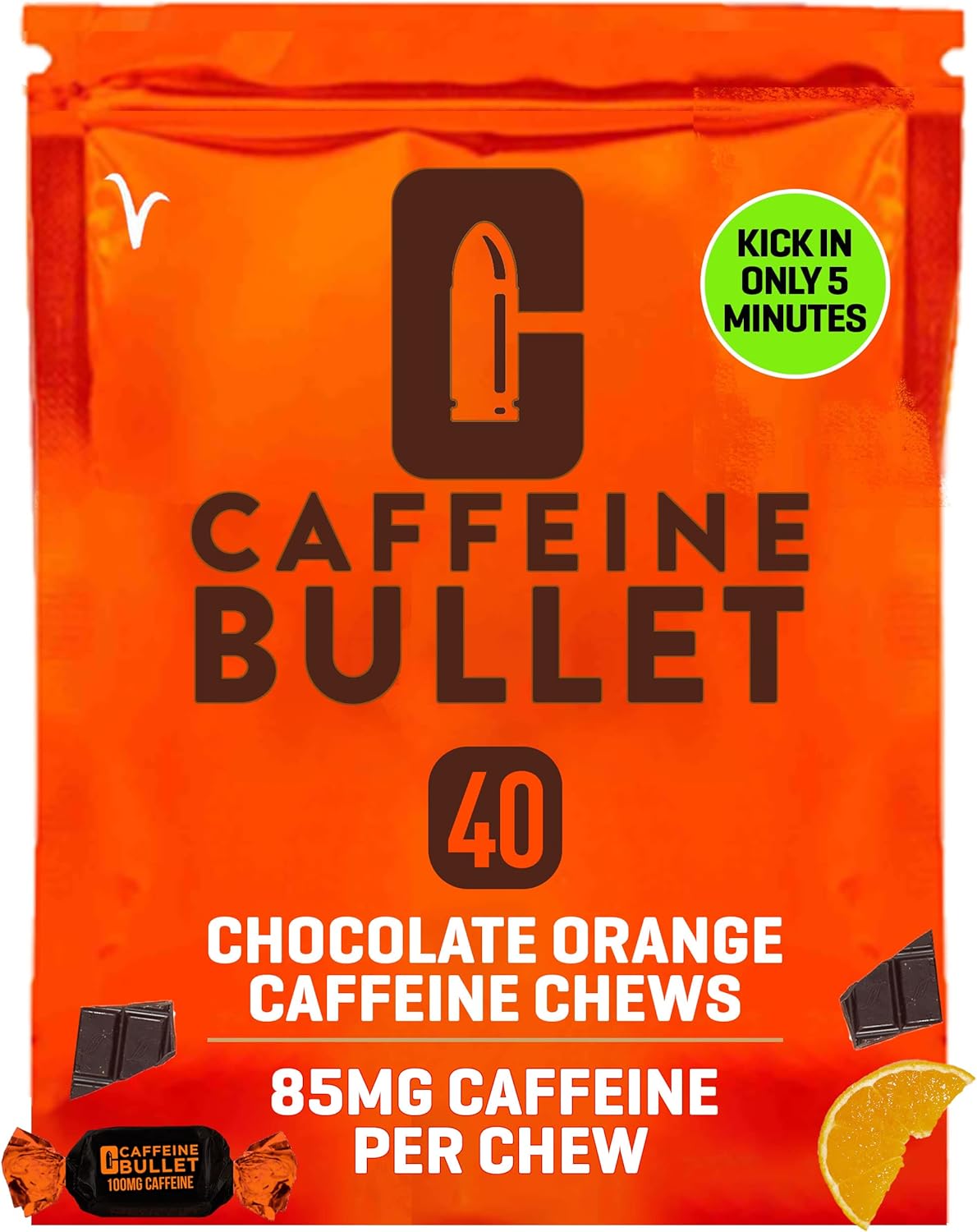 Caffeine Bullet Energy Chews - Chocolate Orange. 40 * 85mg - Faster Kick Than Pills, Gels and Gum. Sport Science for Running, Cycling, Gaming & A Pre Workout Endurance Boost.