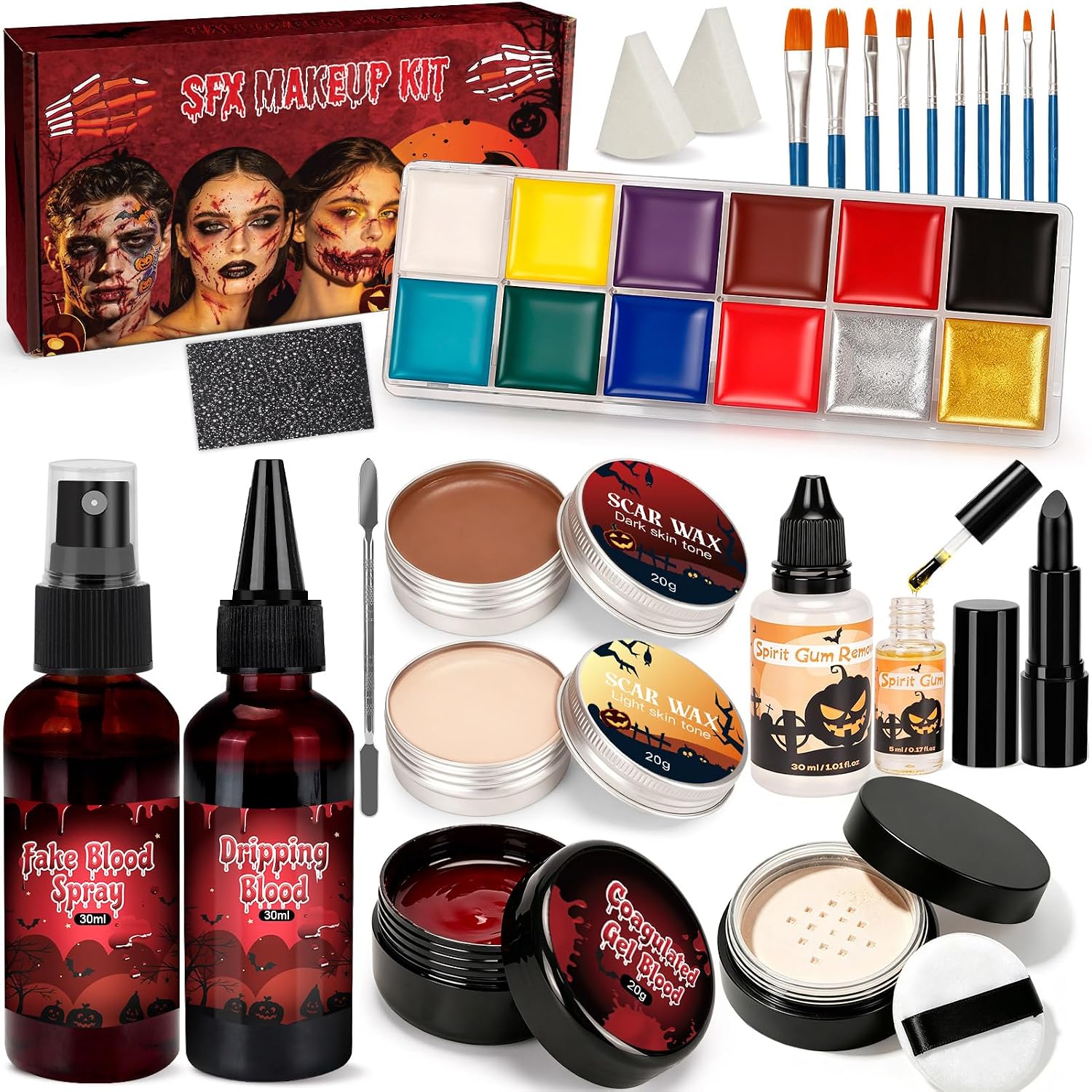 Halloween SFX Makeup Kit 24pcs for Adults Zombie Vampire Cosplay | 3 Kinds of Fake Blood+Scar Wax+Oil Face Paint Kit, Setting Powder, Brushes, Sponges, Professional Special Effects Makeup Kit