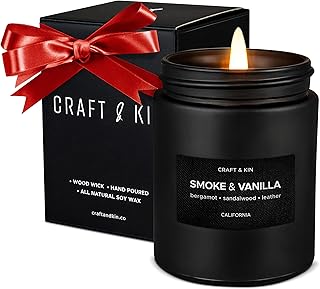 Premium Smoke & Vanilla Candle | Christmas Scented Candles for Men | Holiday Candles | Soy Candle | Fall Candles for Home Scented | Black Candles, Long Lasting Candles with 45 Hour Burn Time 7.6oz