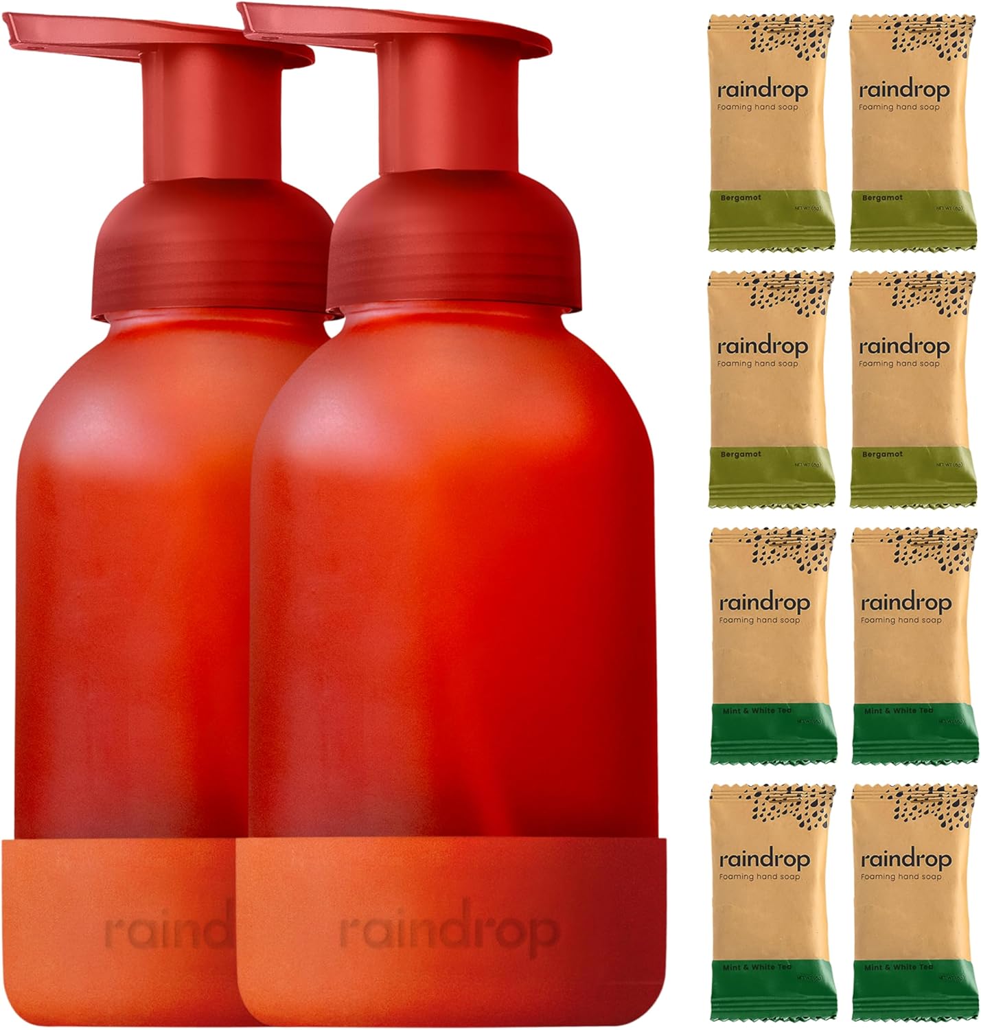 Raindrop Sustainable Hand Soap Starter Pack, 2x Reusable Foaming Glass Dispenser Bottles and 8x Eco-friendly Hand Wash Refill Tablets and, Multipack, for Kitchen and Bathroom (Redfrost)