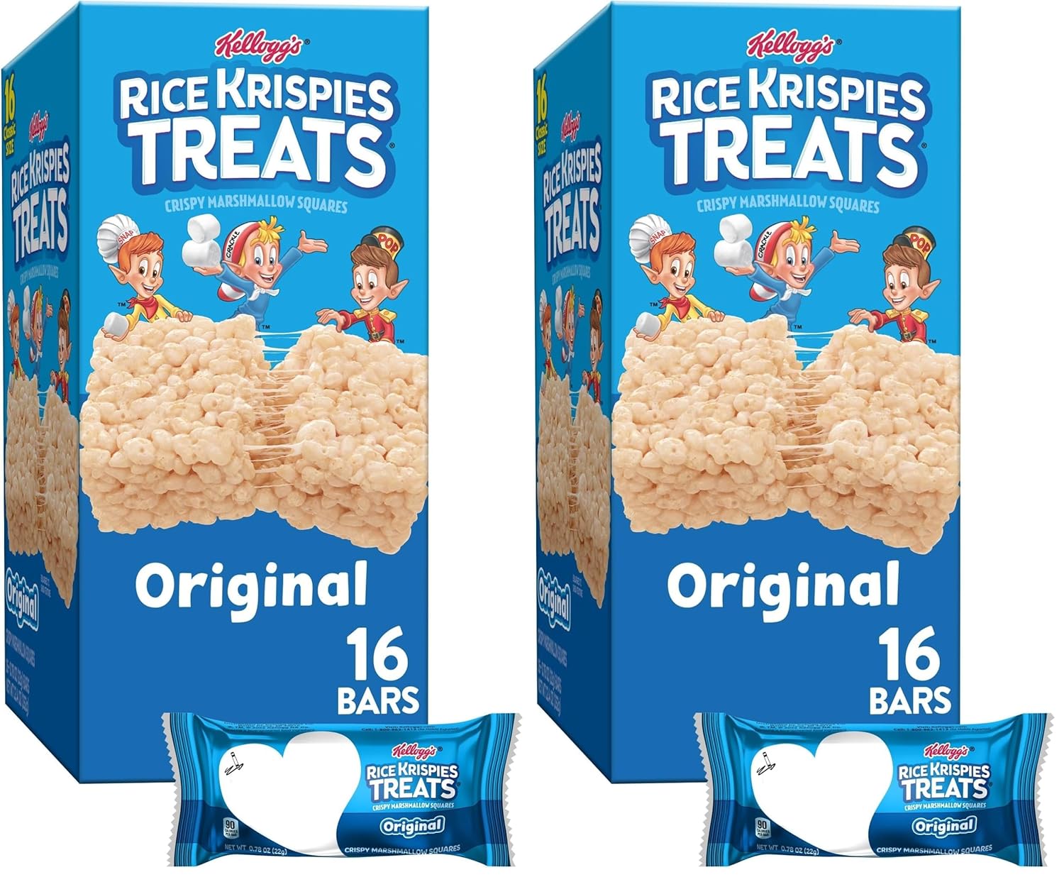 Rice Krispies Treats Crispy Marshmallow Squares, Kids Snacks, Snack Bars, Original, 12.4oz Box (16 Bars) (Pack of 2)