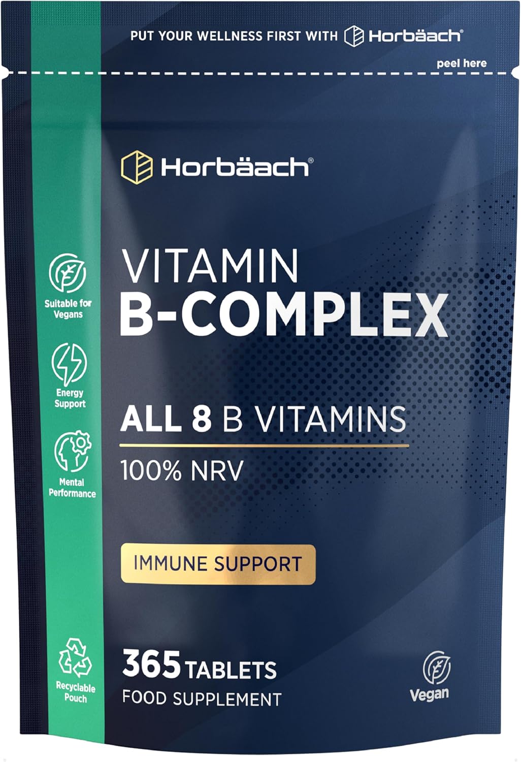 Vitamin B Complex High Strength | 365 Tablets (1 Year Supply) | All 9 B Vitamins | Vitamin B1, B2, B3, B5, B6, B12, Choline, Folic Acid & Biotin | Vegan | by Horbaach