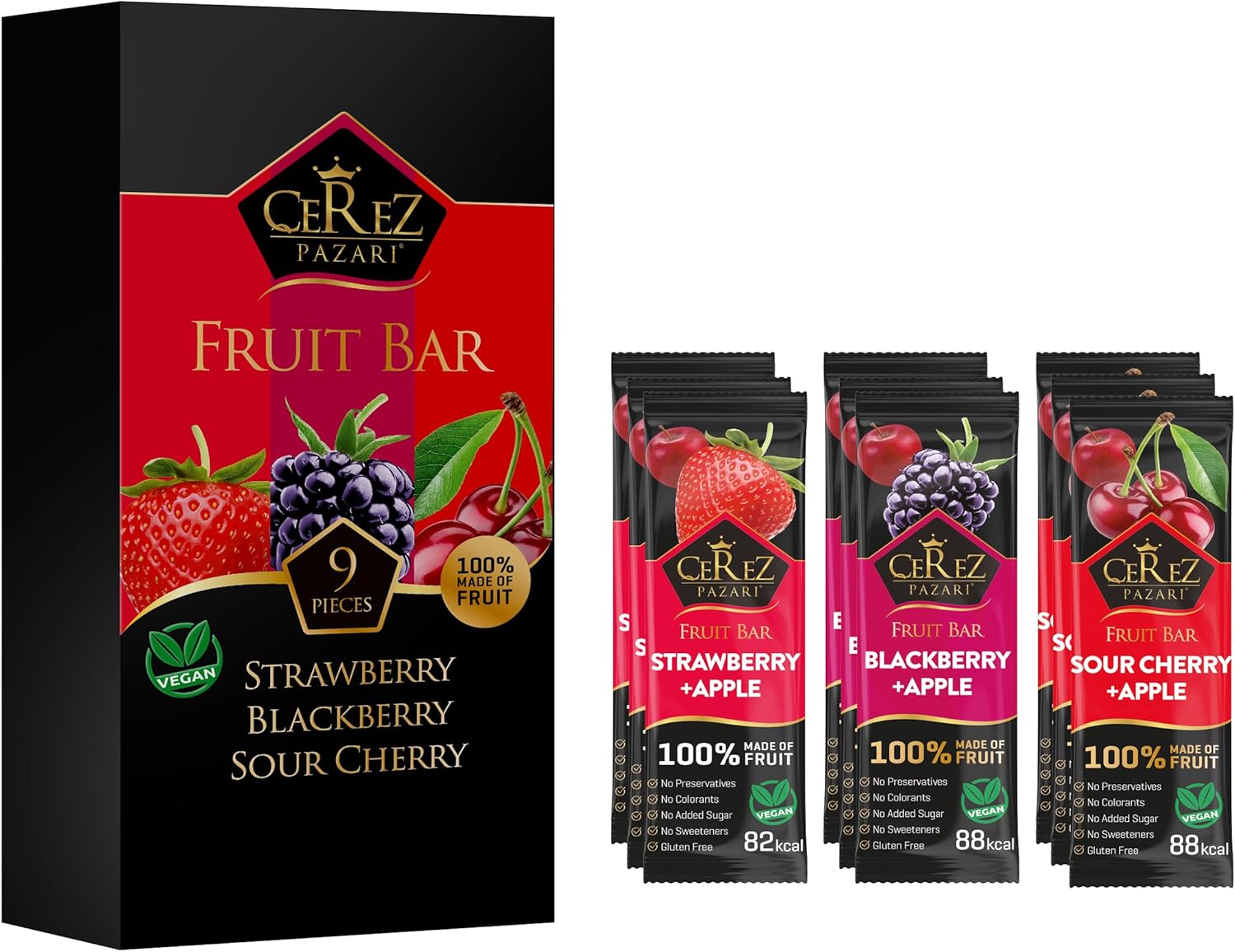 Cerez Pazari Dried Fruit Roll Ups, 25g x 9 pack Snacks Variety Pack for Adults and Kids, Healthy Fruit Snacks Bulk, Vegan Real Fruit Bars, Snacks with Strawberry, Blackberry and Sour Cherry
