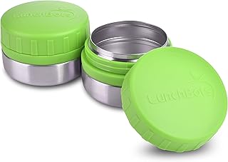 LunchBots Rounds Leak Proof 4 oz. Stainless Snack Container Jar, Set of 2, Green Lids