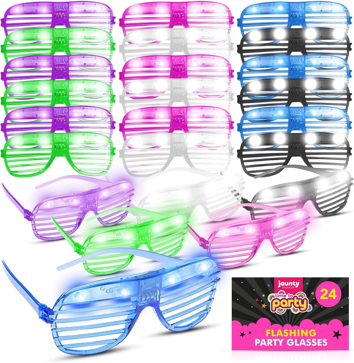Jaunty 24pk Bulk Party Flashing Glasses - Neon Rave Accessories - Light Up Glasses for Adults - Multicolour LED Glow for Birthdays, Festivals, Dance Events, Fancy Dress, and Celebration Parties