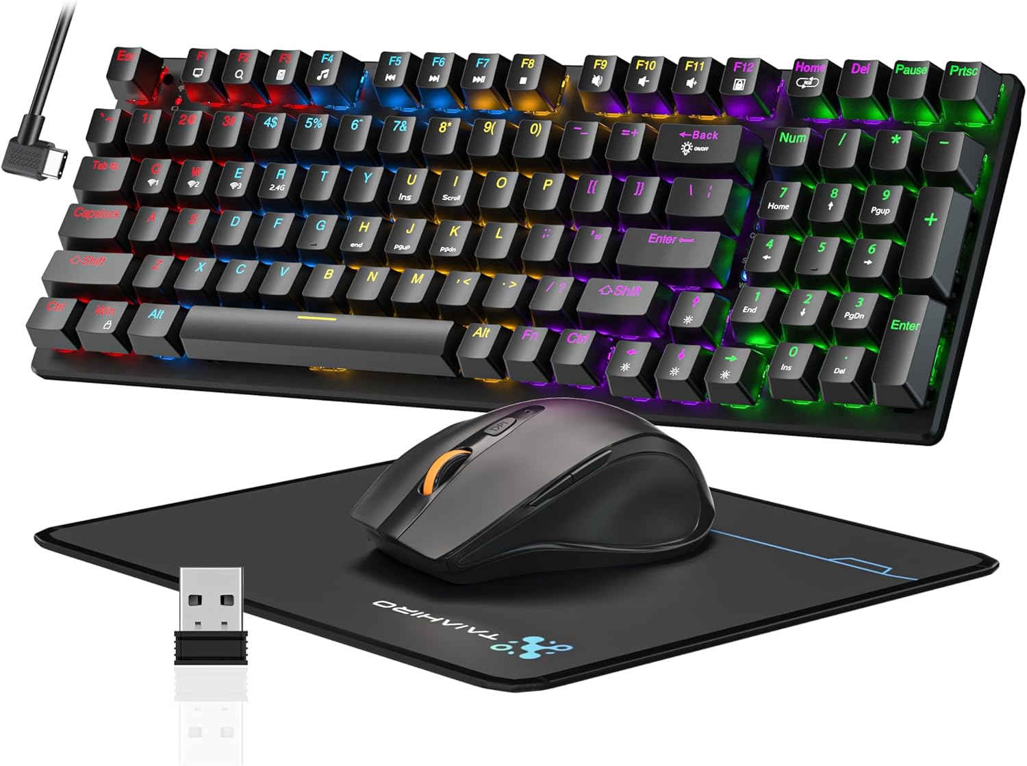 Wireless Mechanical Gaming Keyboard and Mouse, 98 Keys RGB Backlit Blue Switch Keyboards, Ergonomic Wireless Gaming Mice with Mouse Pad, 3-Mode USB-C/2.4G/BT5.0, Anti-Ghosting for PC Laptop Gamer
