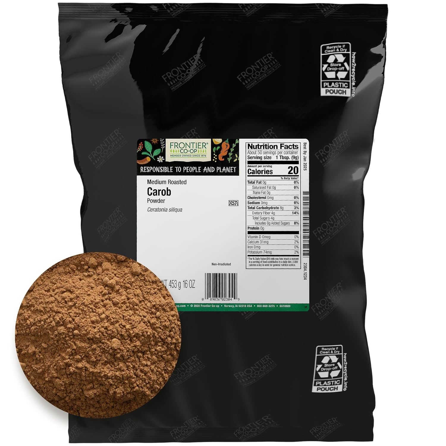 Frontier Co-op Ground Carob Powder, 1lb Bulk Bag - Medium-Roasted Natural Cocoa Substitute Powder with Rich Chocolate Flavor - Caffeine-Free, Kosher