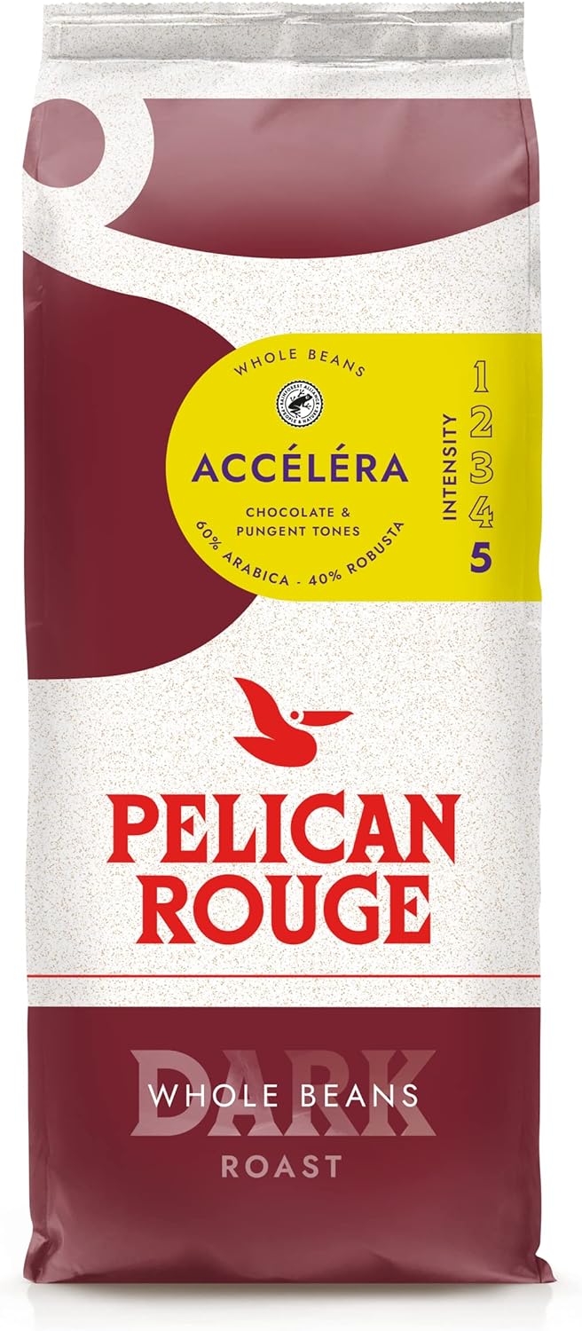 Pelican Rouge ACCELERA Whole Dark Roasted Coffee Beans | 60 percent Arabica | Rainforest Alliance Certified | New 2023 blend | 1kg bag | Fully-recyclable packaging
