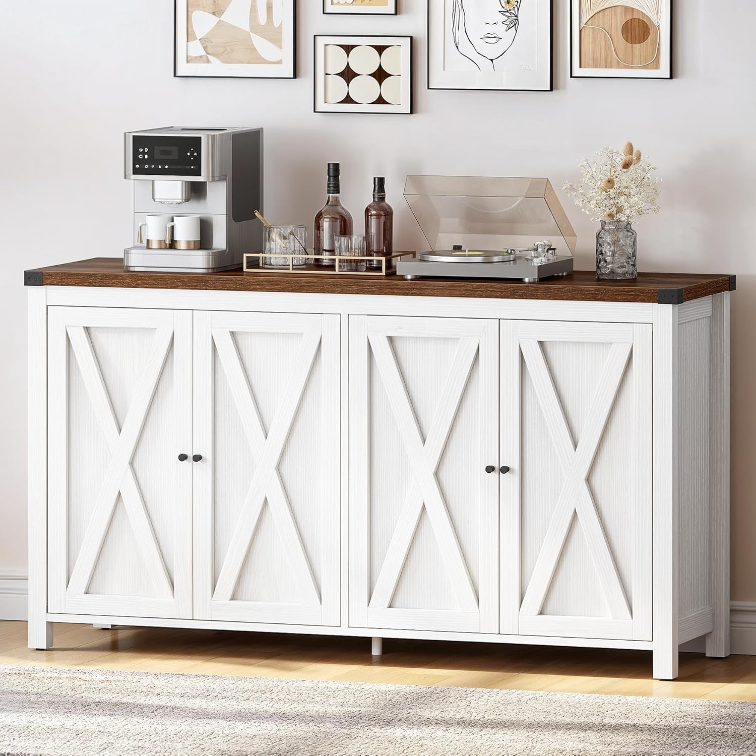 YITAHOME 55'' Farmhouse Buffet Cabinet with Storage, Kitchen Sideboard with 4 Doors, Large Storage Cabinet, Coffee Bar Cabinet with Adjustable Shelf for Living Room, White