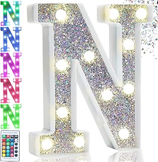 Pooqla Colorful Light Up Letters, Silver LED Marquee Letter Lights Battery Operated,16 Colors Glitter Alphabet Letter Sign Night Lights for Girls Birthday Party Wedding Bedroom Decoration, Letter N