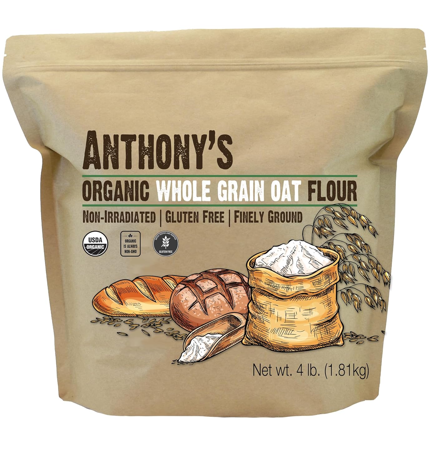 Anthony's Organic Whole Grain Oat Flour, 4 lb, Gluten Free, Non GMO, Non Irradiated, Finely Ground, Vegan