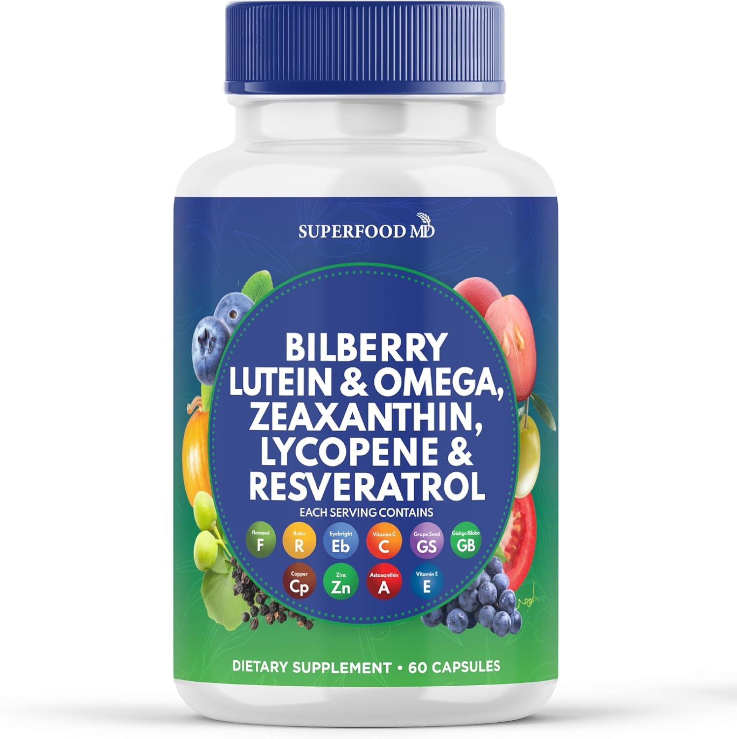 Superfood MD Eye Health Vitamins with Bilberry Lutein & Zeaxanthin Lycopene Resveratrol Grape Seed Extract Astaxanthin- AREDS 2 - Eye Vitamin - 60 Capsules