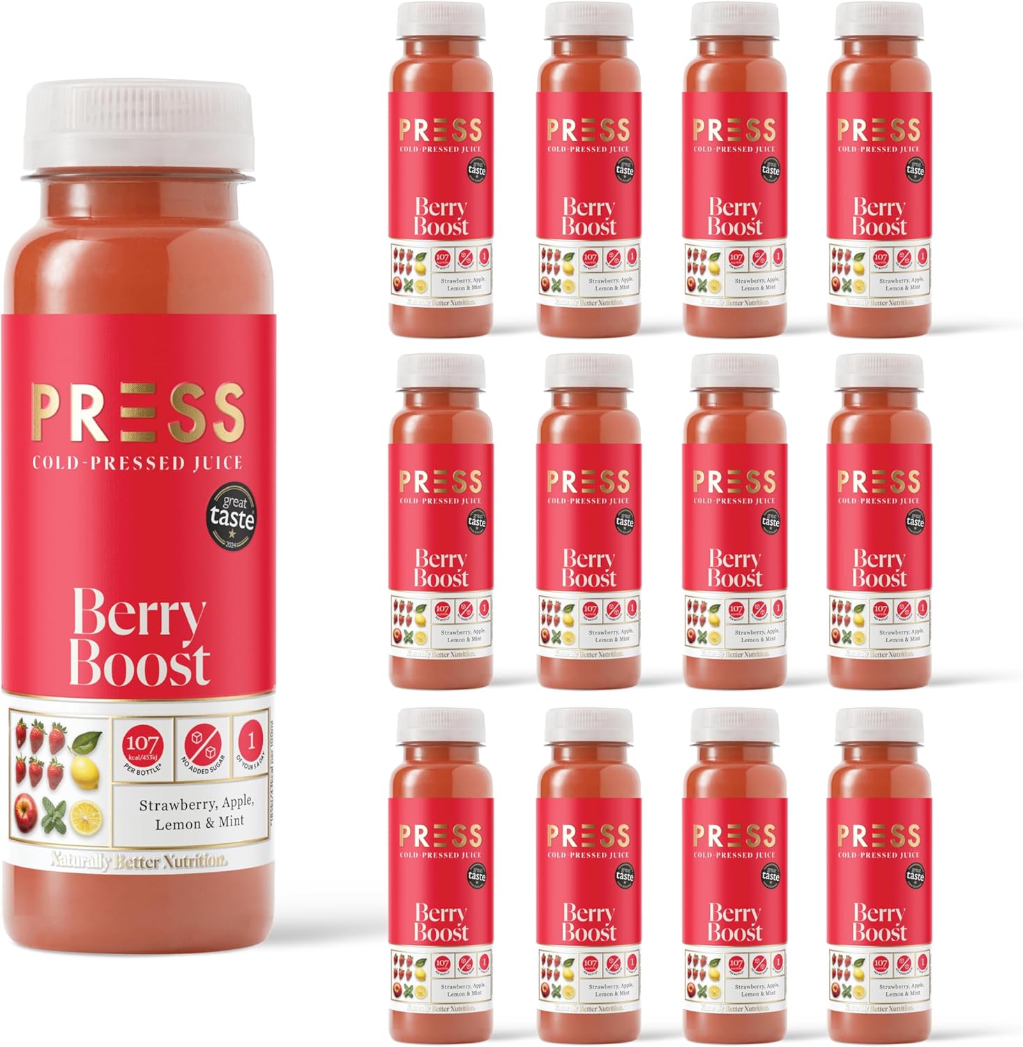 PRESS Healthfoods, 12 x 250ml Berry Boost, Cold Pressed Juice, Juice containing Strawberry, Apple, Lemon and Mint, Refreshing and Light Healthy Drink, Snack or Breakfast Smoothie
