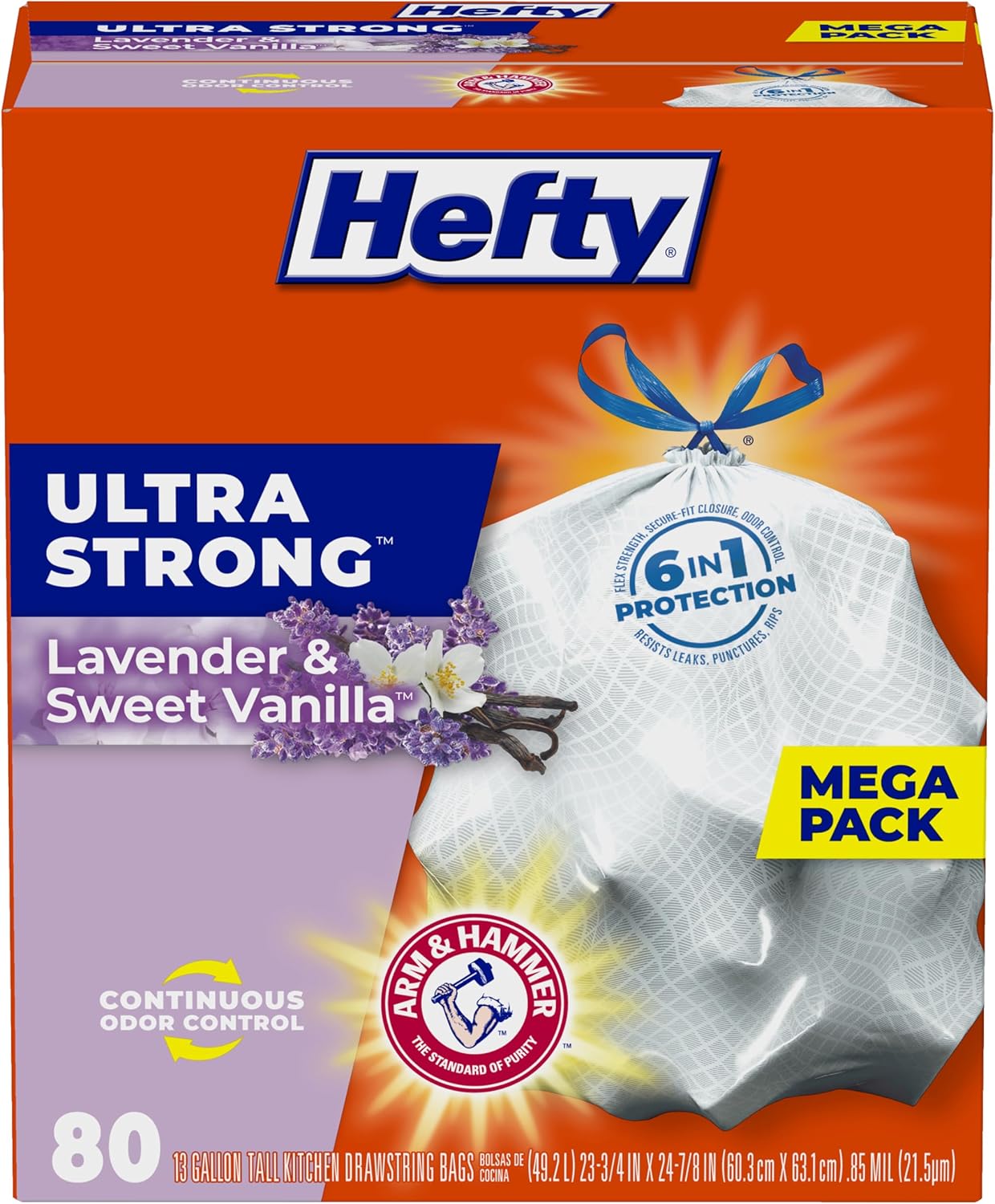 Hefty 10013700016605 Ultra Strong Tall Kitchen Trash Bags-Lavender Sweet Vanilla, 13 Gallon, 80 Count, (Pack of 1), White