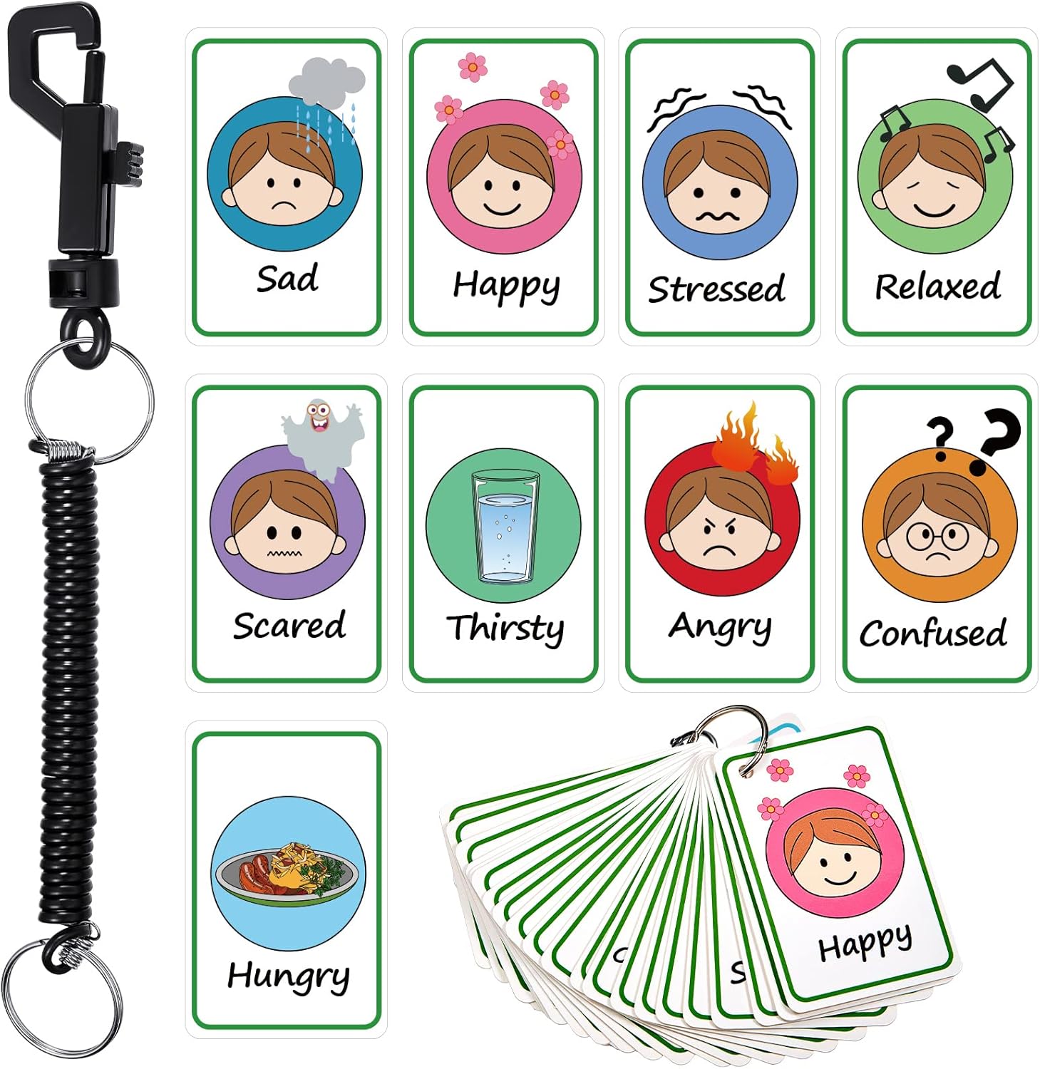 Needs My Communication Cards, 24 Pieces Feelings and Emotions Flash Card, Feeling Face Card with Spring Rope Lanyard for Men Women Teens Education Party Supplies (Lovely Style)