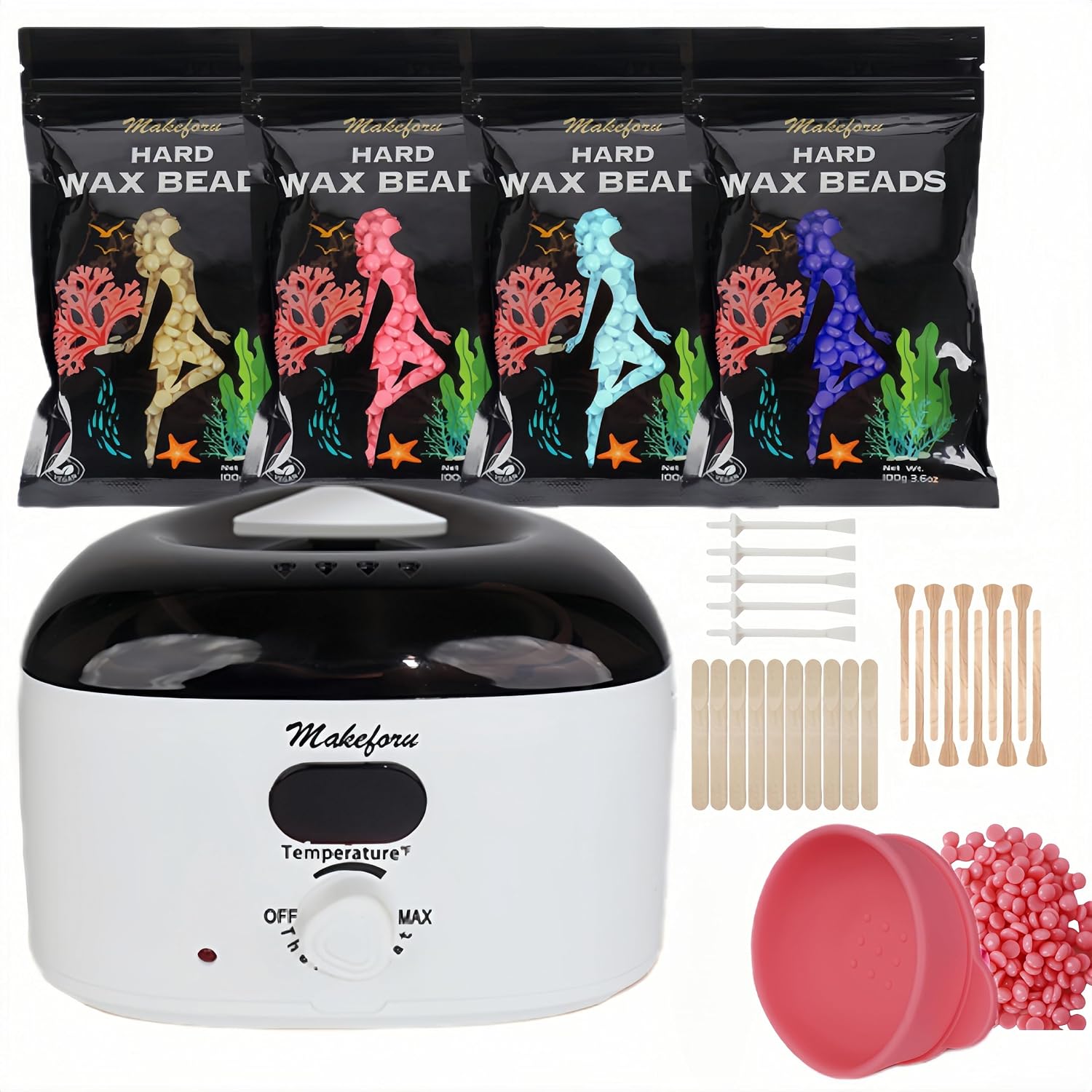 Brazilian Waxing Kit - Bikini & Full Body Hair Removal with Digital Warmer, 4 Scented Wax Beads & 33 Silicone Tools - Home Waxing for Women & Men, Face & Body Care (White)