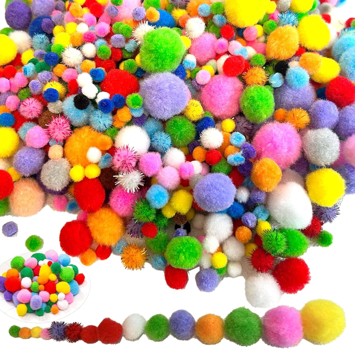 1000 Assorted Pom Poms for Crafts - Soft and Fluffy Craft Pom Pom Balls Mixed Sizes (0.5cm-3cm) - Perfect for DIY, Kids Art Projects, Christmas Decorations
