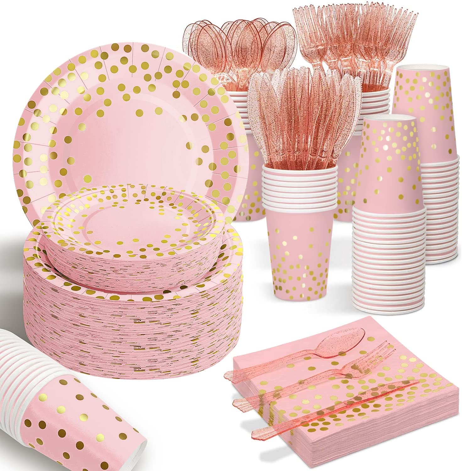 175PCS Pink Rose Gold Plates Napkins Party Supplies, Severs 25 Disposable Party Decorations, Plastic Forks Knives Spoons, Golden Dot Paper Plates, Napkins Cups for Baby Shower Birthday Wedding
