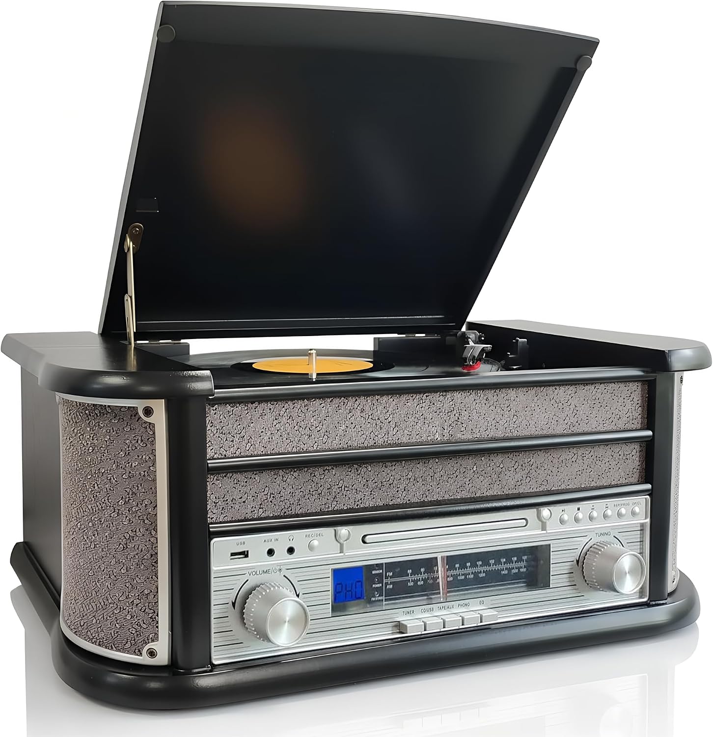 Denver Vinyl Record Player with Speakers, 9-in-1 Retro Wooden Music Centre, Bluetooth Turntable with CD, Cassette, USB & FM/AM Radio - MCR-50