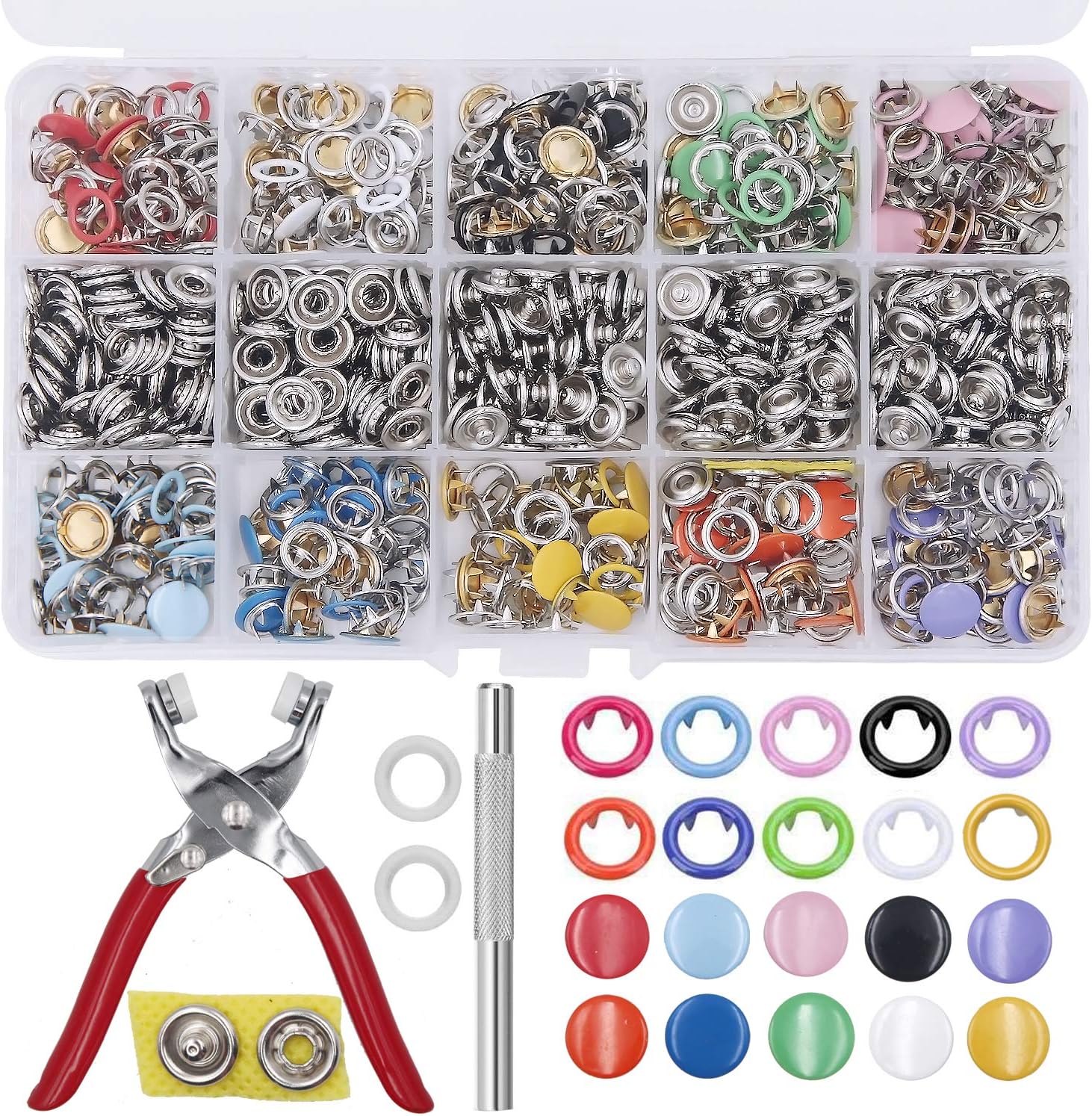 EuTengHao 804Pcs Snap Fasteners Tool Kit Hollow and Solid Metal Prong Snaps Buttons with Setting Tool for Clothing Crafting Sewing,Leather Snaps Buttons for Jeans Wears Bags(200 Sets,10 Colors,9,5mm)