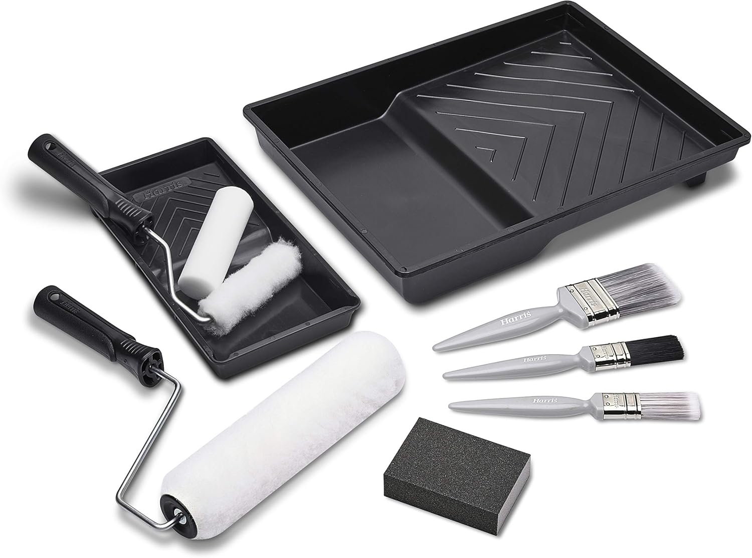 Harris Walls & Ceilings Essentials Decorating Set | 11 Pieces | 1 x 9" Roller Sleeve, 1 x 4" Roller Sleeve, 1 x Sanding Block and 1 x 3 Pack Paint Brushes