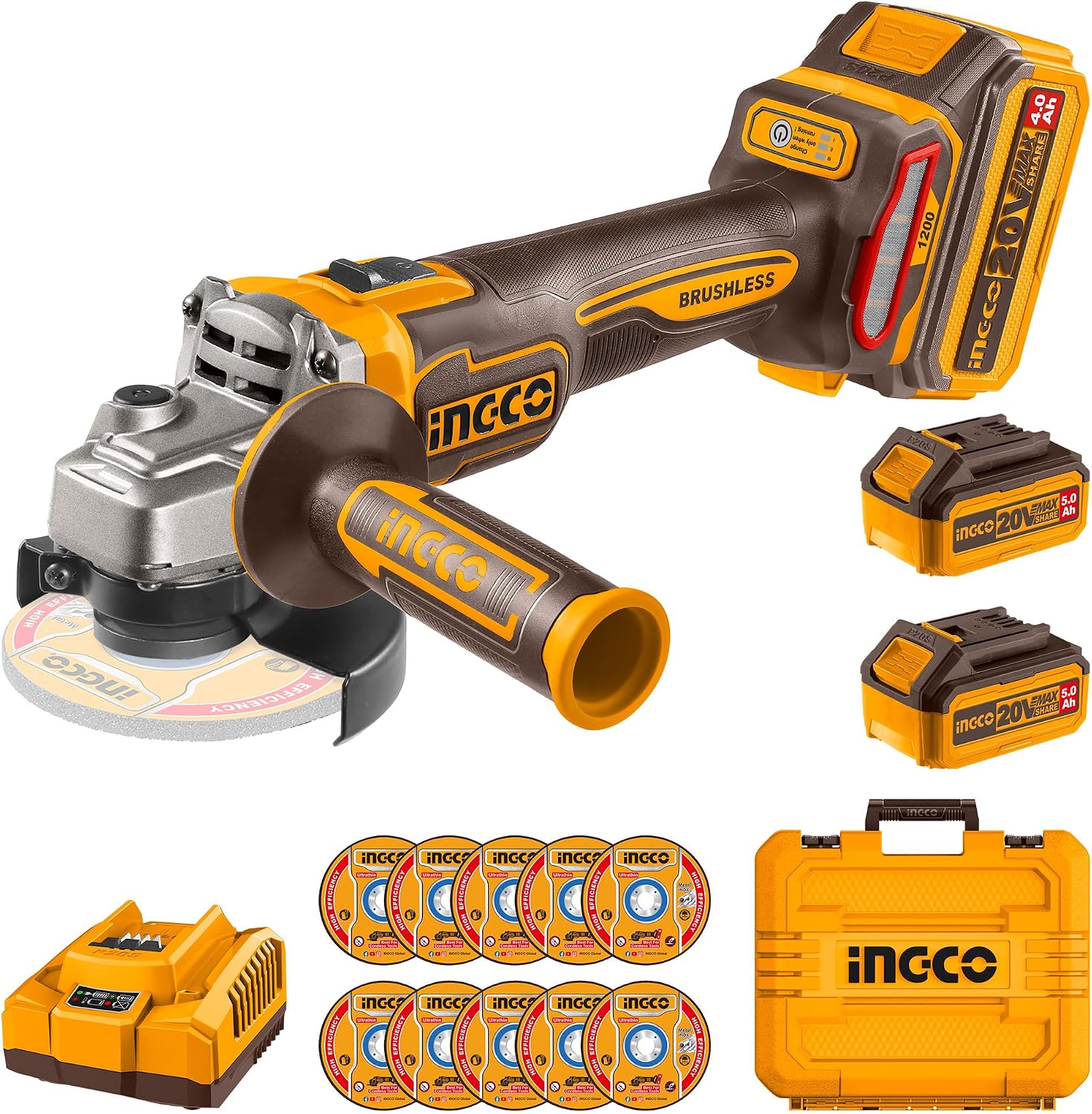 INGCO 20V Brushless Angle Grinder 115mm 1200W, 3 Variable Speed 9000RM, Cordless Grinder Tool with 2Pcs 5.0Ah Battery and 1Pcs Charger CAGLI2211532