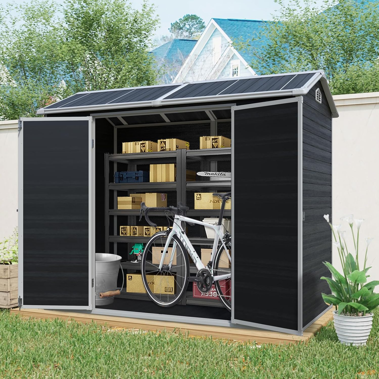 8x4 FT Outdoor Resin Storage Sheds - Plastic Patio Outside Shed with 2 Windows and Lockable Door - Tool Garden Storage Shed for Backyard Garden Yard Bicycles & Lawnmower(Black)