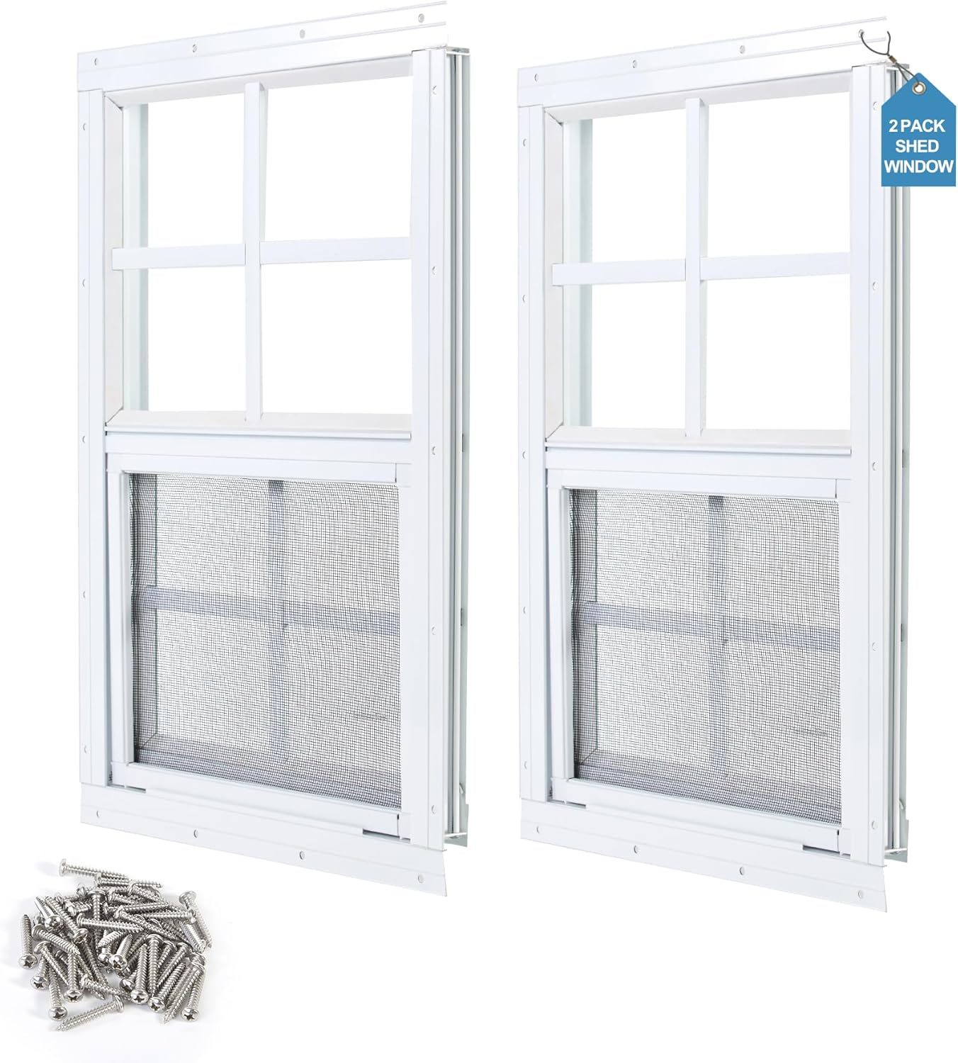 2 Pack Shed Window 14"X21" White Flush Mount Household Windows with Tempered Glass and Fiberglass Screen for Shed Chicken Coop Playhouse and Garage