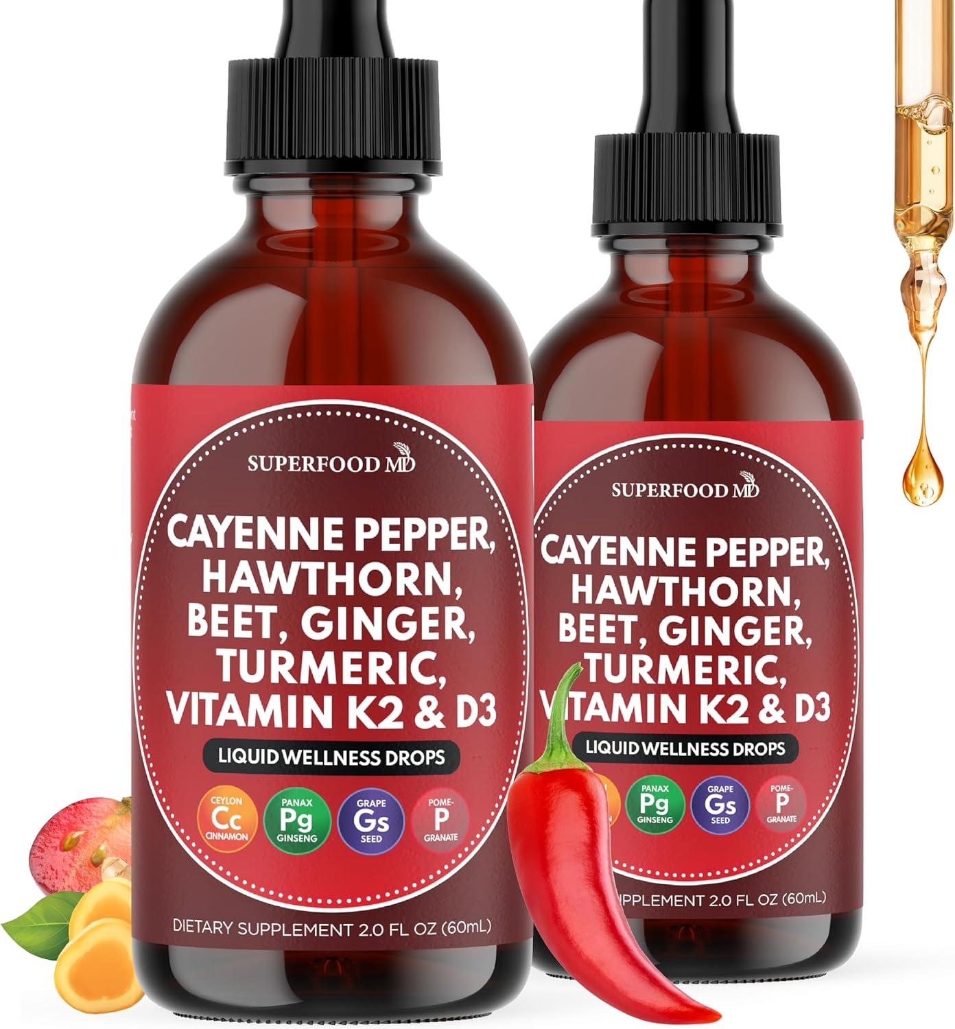 Cayenne Pepper Supplement Liquid Drops + Hawthorn Berry, Vitamin D3 K2 Beet Root Powder, Ceylon Cinnamon, Turmeric Curcumin, Organic Panax Ginseng - 4 OZ