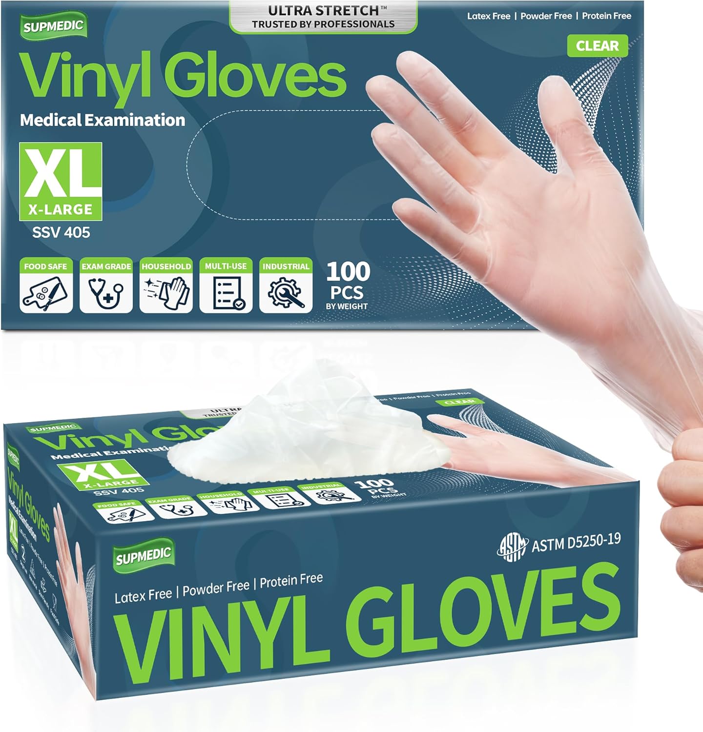 Vinyl Exam Gloves, Powder-Free Latex-Free Food Safe Home Cleaning Disposable Medical Glove, Clear 100 Pcs