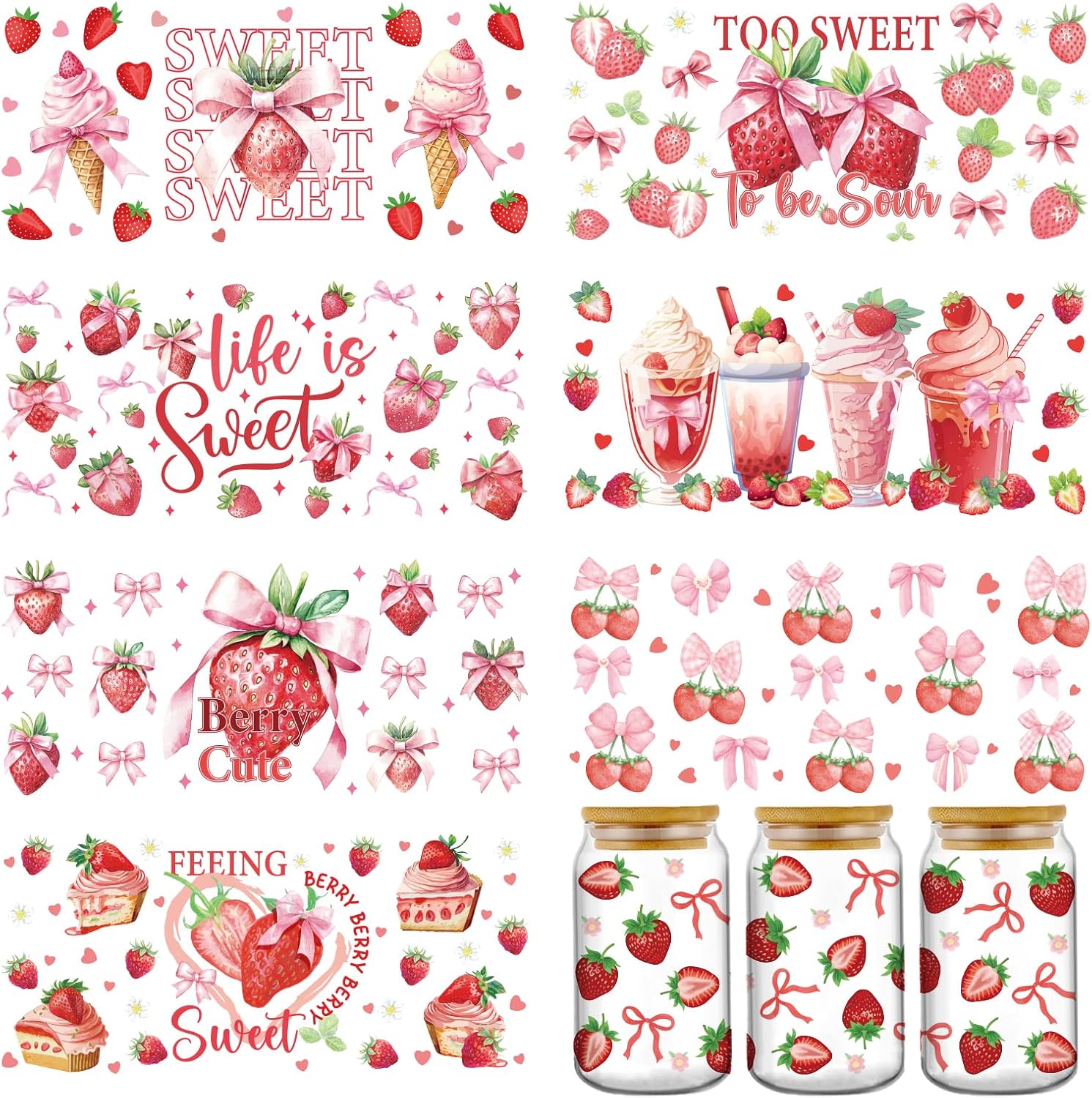 Strawberry Cake UV DTF Stickers - 8 Sheets Strawberry Ice Cream UV DTF Cup Wraps for 16 oz Glass Water Bottle, Pink Coquettte Bows Transfer Sticker DIY Tumbler Mug Craft Decor Creative Gifts for Women