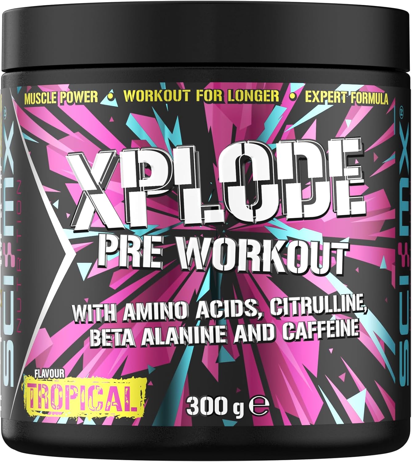 SCI-MX - X-PLODE Pre-Workout - 300g - Tropical Flavour - 250mg Caffeine, 6g Citrulline Malate, 3.2g Beta Alanine / serving - Suitable for Vegetarians + Vegans