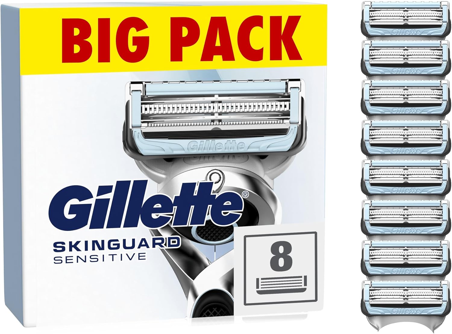 Gillette SkinGuard Sensitive Razor Blades Men, Gillette Razors for Men, Pack of 8 Razor Blade Refills with Precision Trimmer, Fits All Skinguard ProGlide ProShield and Fusion5 Handles, Men's Razors