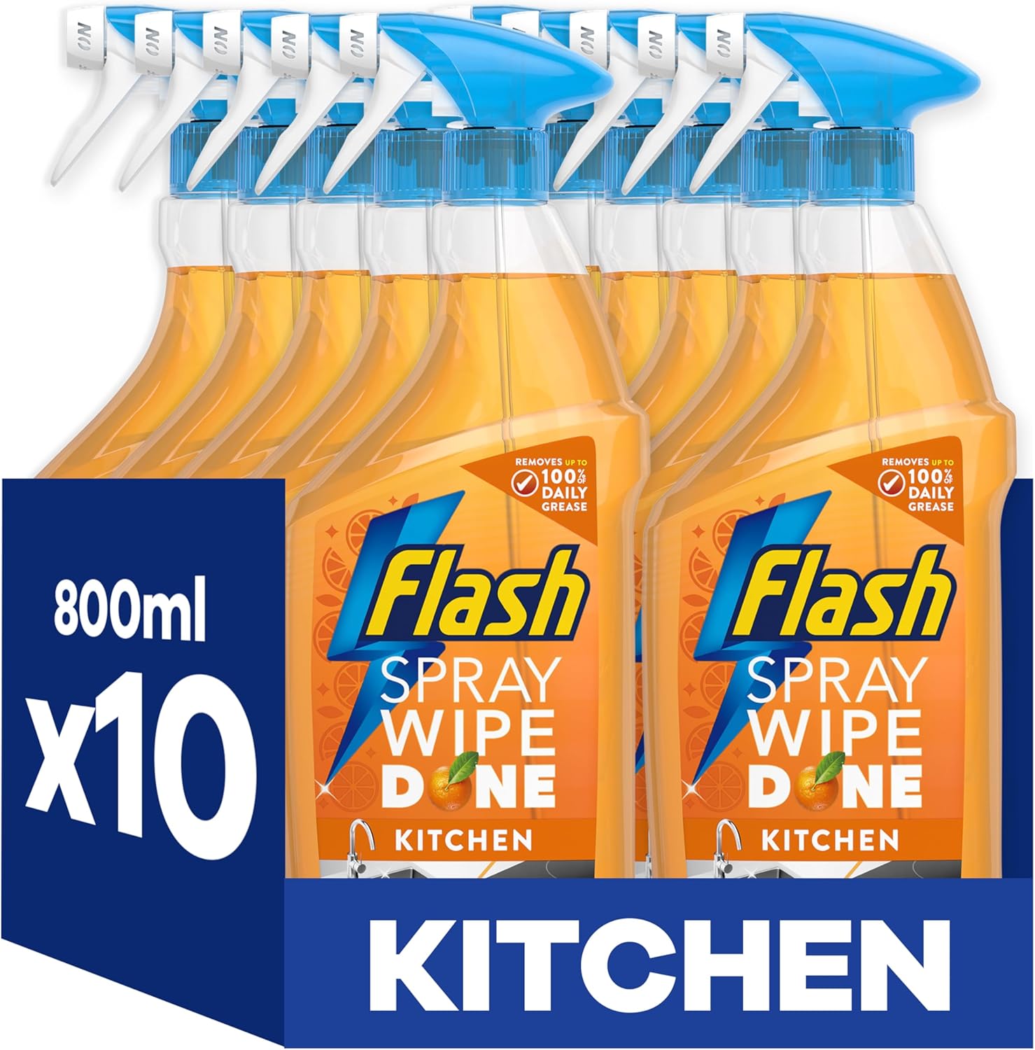 Flash Spray Wipe Done Kitchen Cleaning Sprays, Bright Mandarin, 8 Litres (800 ml x 10)