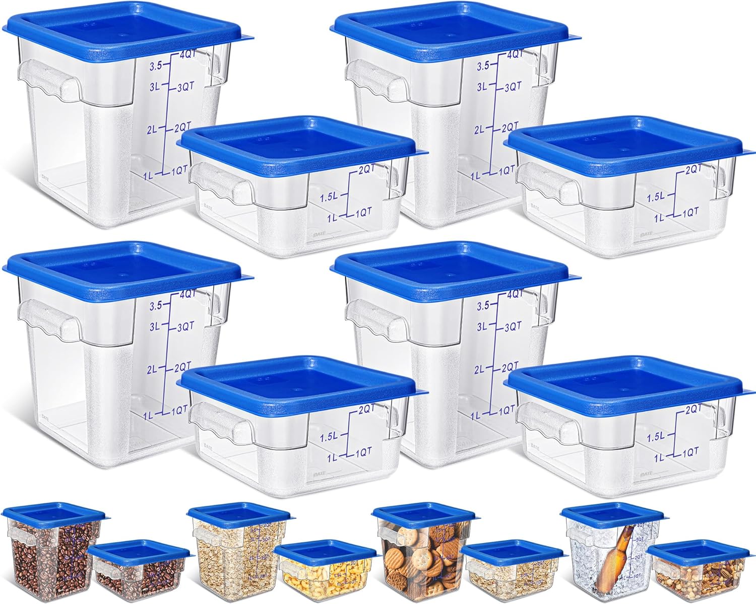 Yungyan 8 Pcs Restaurant Food Storage Containers with Lids Set 2Qt and 4Qt Commercial Restaurant Square Storage Containers Clear Food Cereal Container for Kitchen Freezer and Dishwasher Safe