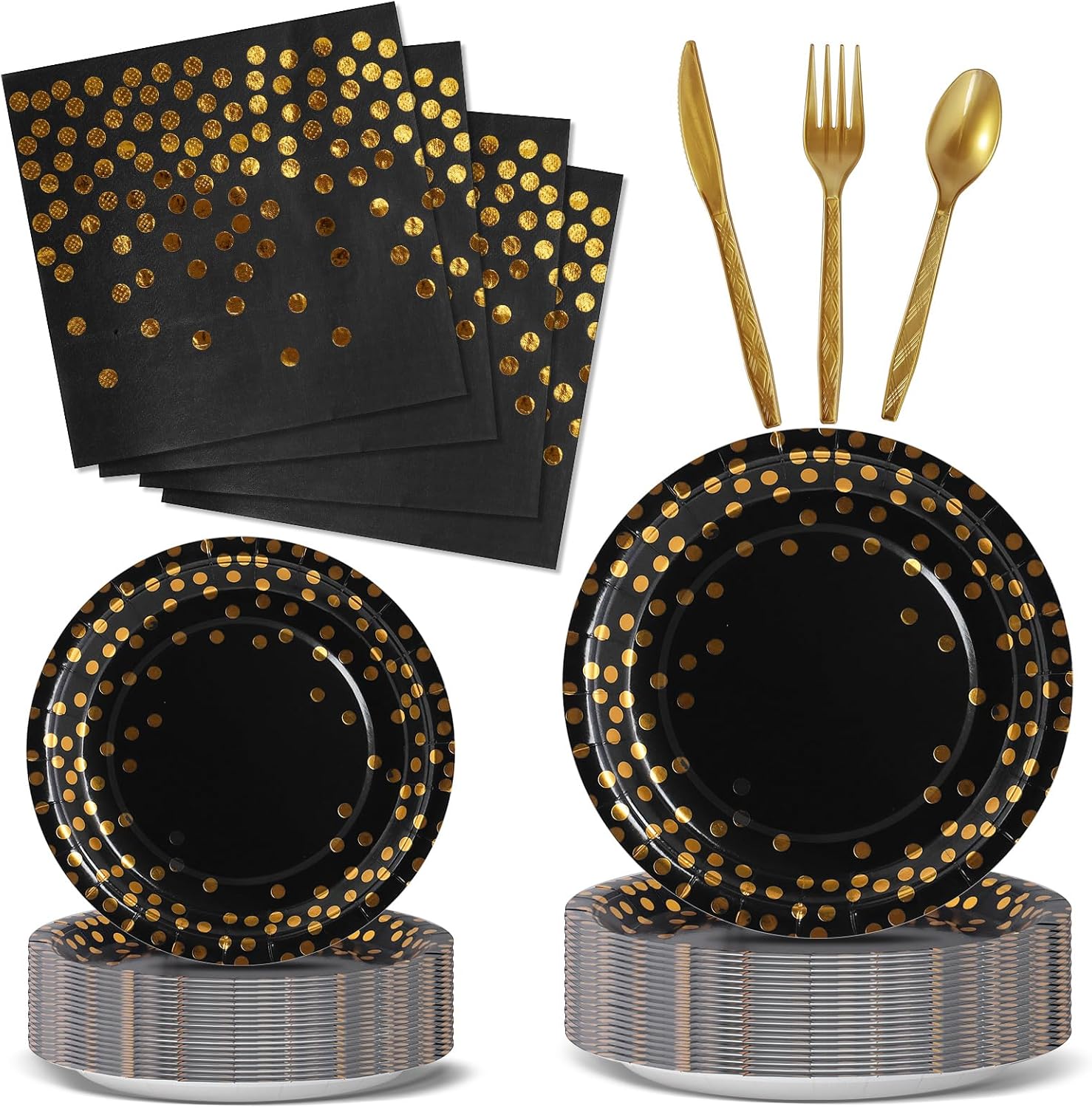 Nkaiso Party Tableware 144 Pieces Black Gold Kids Birthday Party Plates Party Supplies Set Includes Paper Plates Napkins Reusable Cutlery for Birthday Decorations Christening Wedding Shower-24 Guests