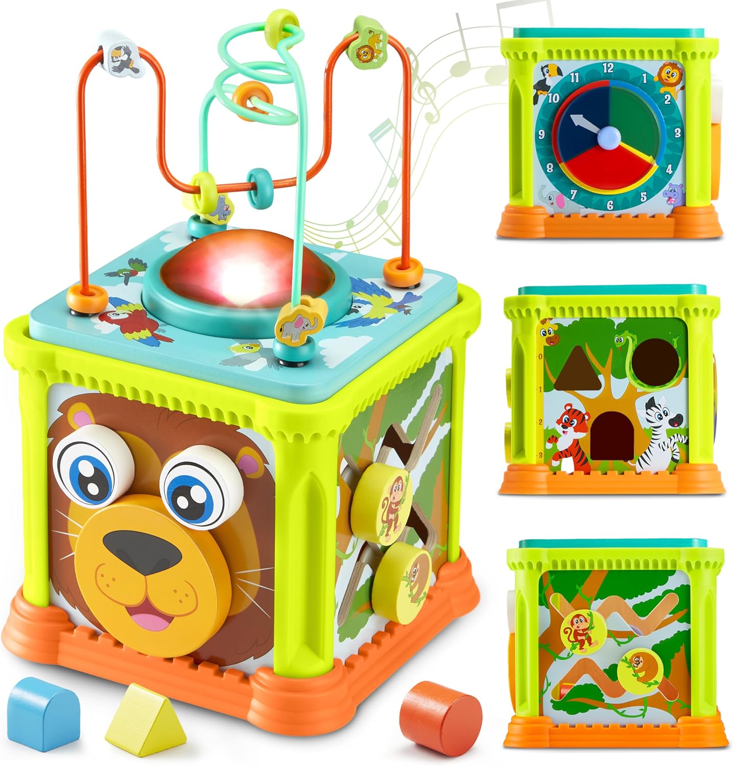 SYNCFUN Wooden Activity Cube, Baby Toys with Music and Light, Montessori Toys for 1+ Year Old,Toddler Educational Learning Birthday Gift for Boys and Girls, Jungle Animal Themed Cube