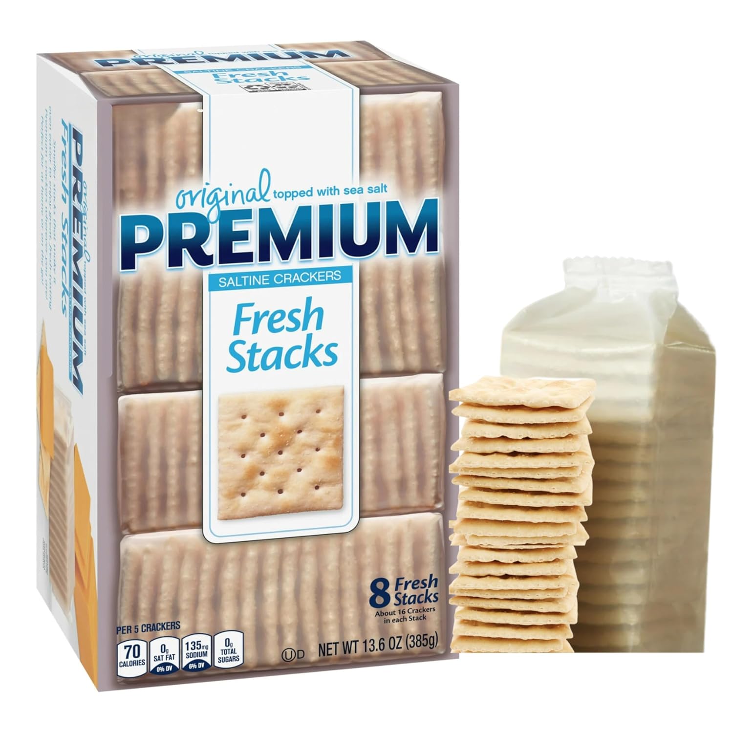 Premium Fresh Stacks Original Saltine Crackers – 13.6 oz (8 Stacks) – Topped with Sea Salt – Crisp, Light, and Versatile – Healthy Snacks for Soups, Dips, and Everyday Enjoyment (Luxenton Tradmark Spoon Included)